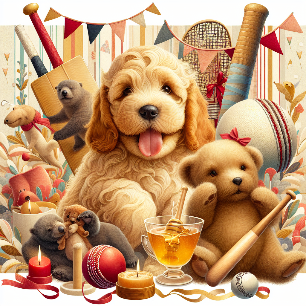 A whimsical birthday scene emerges with an adorable golden cockapoo puppy at its center, its playful tongue sticking out in jubilation. Surrounding it are elements of a festive blend, subtly alluding to English sports with abstract red and white patterns, next to an unbranded cricket bat and ball woven in the background. Replace the copyrighted character with a generic friendly teddy bear offering honey to a curious baby walrus. The overall color palette features celebratory gold and soft pastels, all contributing to a heartwarming ambiance for this unique gathering.
Generated with these themes: Gold cockapoo puppy with tongue out, England soccer, Cricket, Baby walrus, and Winnie the Pooh.
Made with ❤️ by AI.