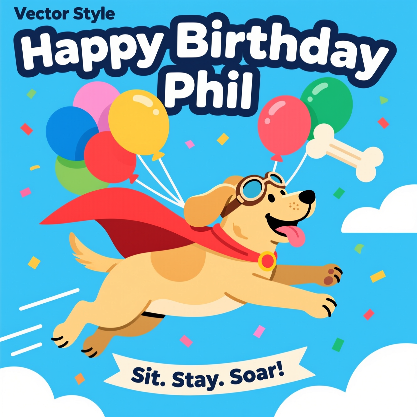 At the top of the Vector Style image, Happy Birthday Phil
Clean flat-vector art: a golden labrador gleefully flying through a bright sky, ears out like wings, tongue lolling, wearing vintage aviator goggles and a bright red superhero cape, lifted by a bunch of colorful birthday balloons (one bone-shaped balloon among round primary-colored ones). Exaggerated upbeat expression; paws stretched forward in a playful “superdog” pose; subtle motion lines and tail-wag ticks. Background is a simple sky-blue with a few flat white clouds and scattered confetti sprinkles; lots of negative space. Bold crisp outlines, solid color blocks, minimal shading (simple geometric shadow shapes only), no textures. 
Small cheeky caption near the bottom on a slim trailing ribbon banner: “Sit. Stay. Soar.”
Typography: set the top line in large, bold, rounded sans-serif, white with a dark navy outline for contrast; center aligned. Overall mood: funny, bright, modern, clean vector precision.
Generated with these themes: Golden labrador flying, and .
Made with ❤️ by AI.