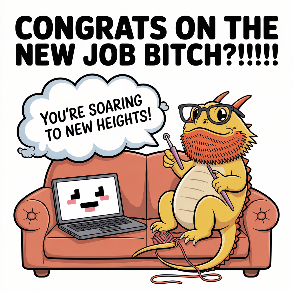 At the top of the image, "CONGRATS ON THE NEW JOB BITCH!!!!!"

- In the center of the image, create a playful cartoon scene where a bearded dragon wearing tiny glasses sits on a cozy sofa. Next to the dragon is a laptop with a happy, pixelated face. 

- Above the sofa, a fluffy cloud shaped like a speech bubble says, "You're soaring to new heights!" 

- The dragon holds a crochet hook, with yarn tangled around its tail, adding a whimsical touch to its accomplishment celebration.
Generated with these themes: Clouds, AI, laptop, sofa, bearded dragon, crochet, and .
Made with ❤️ by AI.