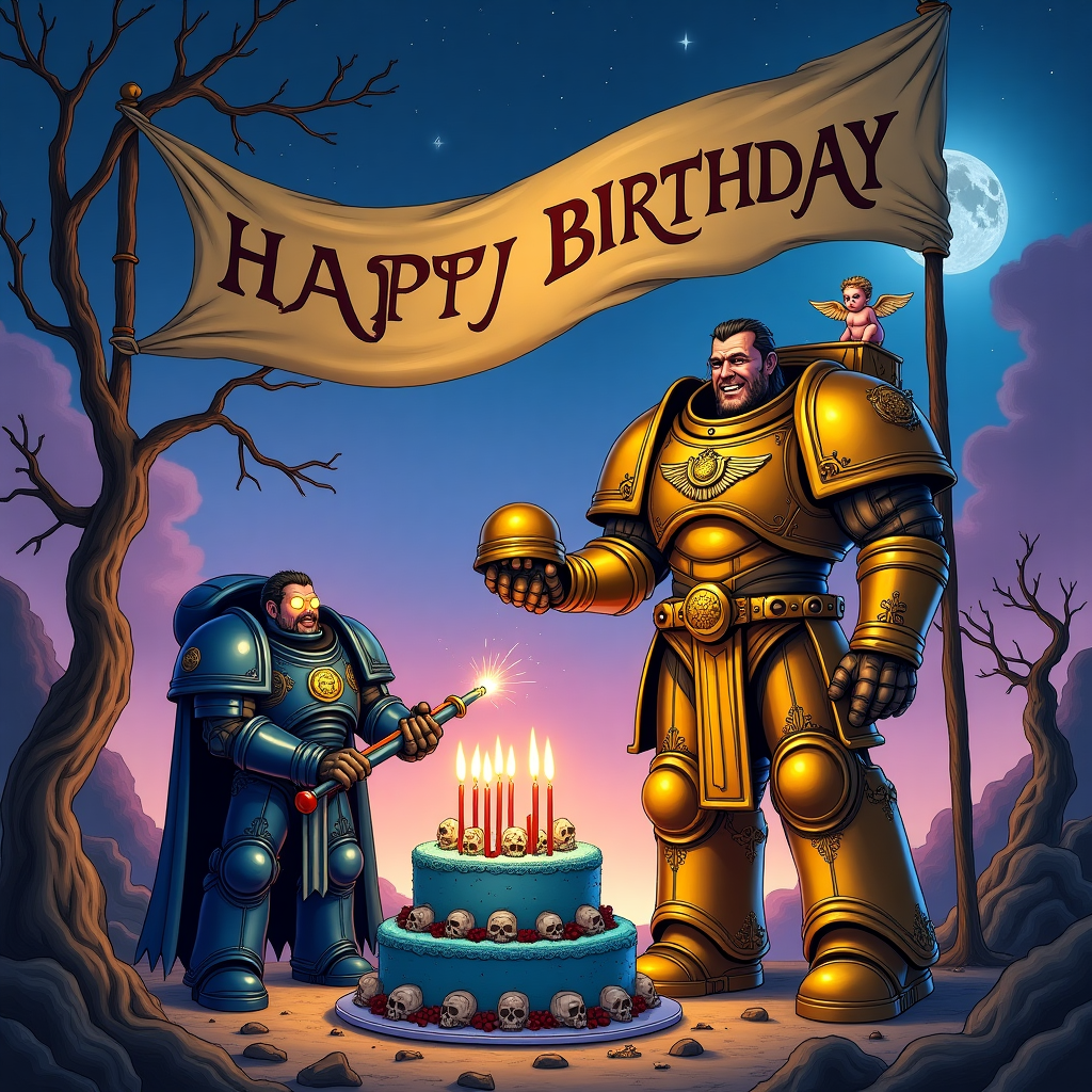 The front cover of this birthday greeting card will feature a vibrant and humorously chaotic scene, intricately drawn in a style that merges the bold detailing of Warhammer 40k with the whimsy of dark fantasy.

### Background:
- **Sky:** A twilight sky blending purples and deep blues, scattered with twinkling stars and glowing nebulae. In the background, two moons hover—one silver and one with a faint green hue, evoking a sense of an otherworldly setting.
- **Ground:** The terrain is rocky, with a mixture of craggy outcrops and twisted, fantastical trees reminiscent of Arthur Rackham's gnarled illustrations, their branches curling dramatically.

### Central Figures:
- **The Emperor of Humanity:** A commanding figure clad in an ornately detailed, golden power armor, decorated with intricate filigree and embossed with the Imperial Aquila. His eyes glow with a divine light. Perched on his massive shoulder is a quirky, mischievous cherub wearing a tiny space marine helmet.
- **Space Marine Badass:** Beside him stands a Space Marine, towering and robust, in dark cerulean armor adorned with skull motifs and oversized pauldrons, evoking N.C. Wyeth's dynamic and muscular illustrations. His helmet rests under his arm, revealing a cheeky grin and a battle-scarred face.

### Foreground Elements:
- **Birthday Cake:** A colossal birthday cake sits in the foreground, covered in navy blue and gold frosting, with tiny plastic figures of space marines battling dragons scaling its tiers. The top of the cake is ablaze with sparklers and one large candle shaped like a power sword.
- **Banner:** Above the cake, a large, unfurled banner stretches across the scene, whimsically hanging from two hovering servo-skulls. The banner reads "JEREM" in bold, gothic script, embellished with small decorative skulls and laurels.

### Side Details:
- **Servitors:** At the sides of the scene, servitors with patchwork mechanical limbs offer gifts wrapped in shimmering metallic paper, while one holds a steaming mug labeled "Recaf" in a quirky nod to Beatrix Potter's animal tea parties.
- **Imps and Creatures:** Small, mischievous imps, akin to those in Maurice Sendak's stories, scamper around the edges, some attempting to lift space marine helmets, others riding on a small Tyranid creature that looks more curious than threatening.

### Colors:
The palette should be rich and saturated, with deep blues, golds, and crimson reds dominating the scene, highlighted with sparkling silver and luminescent whites for celestial and divine elements. This palette will ensure a grandiose yet playful birthday celebration, blending epic fantasy with a touch of quirky humor.

This detailed scene captures the essence of a birthday celebration within the universe of Warhammer 40k, fused with the charm and intricacy of classic illustration styles.
Generated with these themes: Warhammer 40k, Dark fantasy, The emperor of humanity badass, and Space marine badass.
Made with ❤️ by AI.