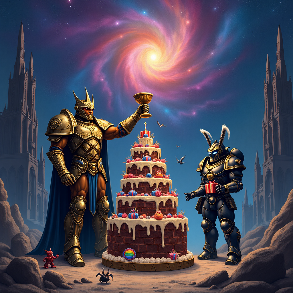 The scene is set on a rocky alien planet under a star-studded galaxy with nebulas swirling in vibrant hues of deep purples, blues, and radiant pinks, inspired by Maxfield Parrish's luminous colors. In the background, immense gothic spires rise, resembling the intricate architectural style reminiscent of Gustave Doré's cathedrals. They loom tall and ominous, intricately detailed with gothic arches and statues.

In the foreground, a birthday celebration unfolds with Warhammer 40k and dark fantasy themes. At the center, the Emperor of Humanity stands with majestic grandeur. His armor is a masterpiece of art, painted in metallic gold and regal blues, adorned with baroque flourishes and ornate decorations akin to Arthur Rackham’s detailed illustrations. His expression is fierce and commanding, his eyes focused forward as he raises an elaborate goblet crafted with intricate engravings.

Beside him stands a Space Marine, clad in a colossal suit of power armor. The armor is dark, almost black with midnight blue highlights, showing off immense bulk and complexity, designed with rivets and battle scars that speak of countless wars, a nod to the heroic illustrations of N.C. Wyeth. His helmet is adorned with a crest of feathers that flutter in the space breeze, adding an element of dynamic movement.

Scattered around them are fantastical creatures drawn in an expressive, whimsical style, reminiscent of Maurice Sendak and Quentin Blake. There’s a tiny, impish demon clutching a gift, its wrapping paper a collage of shimmering golds and reds. A delicate faerie hovers nearby, her wings iridescent, fluttering over the scene like a guardian, while small, dragon-like creatures peer curiously from behind rocks.

The centerpiece is an enormous, decadent birthday cake, designed in a style that could only be dreamed by Edward Gorey. Its layers are gothic and twisted, with a rich, dark chocolate hue topped with an explosion of vibrant, colorful frosting. On top of the cake, in shimmering gold icing, the name "JEREM" is proudly emblazoned, drawing the eye as if it were a celestial banner.

Above all, a cosmic sky stretches infinitely, dotted with stars and planets, pulling the viewer into the grandeur of the universe. The whole illustration is alive with detailed, expressive lines that capture the awe-inspiring mix of Warhammer 40k’s epic scale with the mystical allure of dark fantasy, all blended into a humorous and extravagant birthday card.
Generated with these themes: Warhammer 40k, Dark fantasy, The emperor of humanity badass, and Space marine badass.
Made with ❤️ by AI.