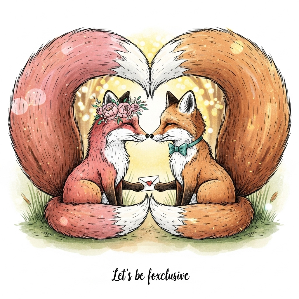 Romantic hand-drawn illustration with fine linework and textured brush strokes: a lady fox and a gentleman fox in love, seated nose-to-nose in a cozy forest glade at golden hour. Their big fluffy tails sweep up and curl together to form a heart framing them. The vixen wears a tiny flower crown (blush peonies, baby’s breath), the tod a small teal bow tie; their paws gently touch as they hold a tiny envelope sealed with a heart. Warm, expressive color palette: russet and cinnamon fur, blush pink, coral, dusty rose, warm cream, sage green, muted teal, with soft gold sparkles. Balanced composition centered on the heart-shaped tails; dreamy bokeh fairy lights in the background, dappled glow, subtle paper grain, watercolor-and-gouache texture, delicate cross-hatching on fur, soft vignette, cute and tender expressions, romantic mood, minimal background clutter.

Include a small hand-lettered caption at the bottom center in creamy white ink: Let’s be foxclusive.
Generated with these themes: A lady fox and man fox in love, cute , and .
Made with ❤️ by AI.