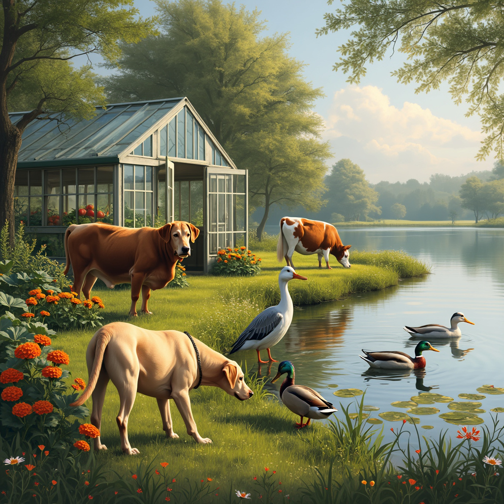 Skinny yellow Labrador, Small greenhouse, Gorgeous Hereford cow, Ducks, Heron bird, Lake, and Vegetables Birthday Card
