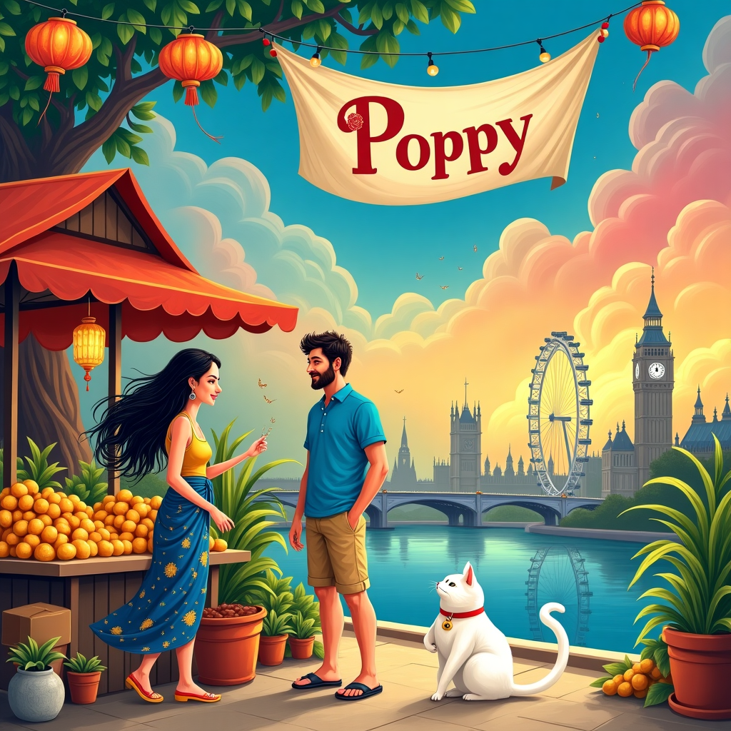Thai lady long black hair, Hansom English guy with short brown beard in shorts and blue shirt with glasses, White cat with ginger and black sploges and red collar with bell, Long distance relationship thailand uk, and Happy birthday Birthday Card