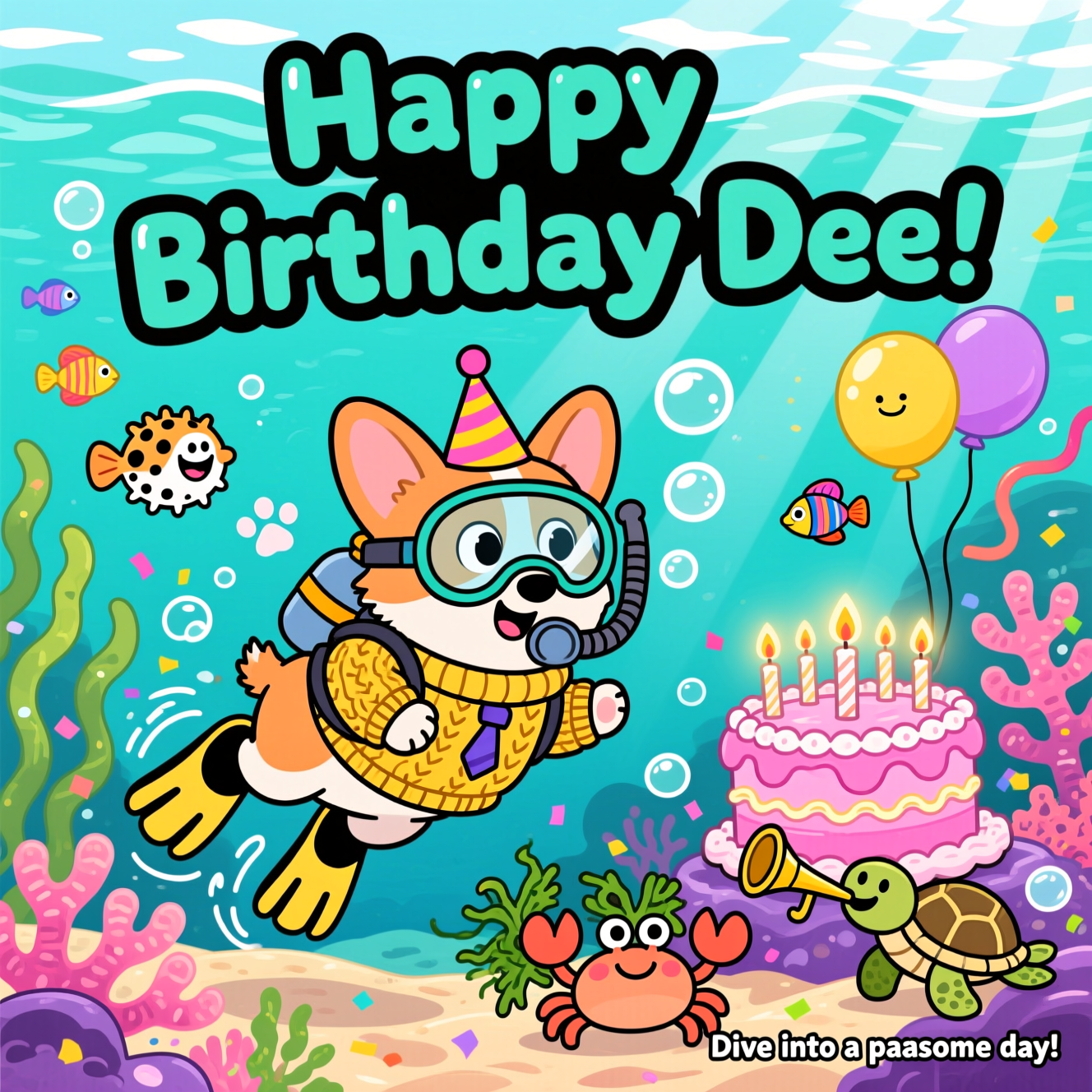 At the top of the Cartoon Style image, place the text "Happy Birthday Dee" in big, bubbly sea-foam letters with a thick black outline, gently wavy as if floating underwater.

A bright, saturated, playful cartoon underwater scene: a cardigan-wearing corgi is scuba diving through a lively coral reef. The corgi has exaggerated proportions—big expressive eyes behind a round mask, tiny legs kicking with oversized flippers, a wagging butt, and a comically puffy knitted cardigan (mustard yellow with chunky stitches) flapping in the current over a small scuba tank. Thick outlines define everything; poses are energetic and whimsical. The corgi’s bubbles trail behind in paw-print shapes.

Surround them with party-in-the-ocean details: colorful fish in pointy party hats, a grinning pufferfish balloon, streamers of seaweed, confetti-like bubbles, and a coral formation shaped like a giant pink birthday cake with glowing anemone “candles.” A cheeky crab offers a gift wrapped in kelp ribbon; a turtle in a tiny tie blows a party horn. Sunbeams pierce the water, sparkling on the scene. Color palette: aqua and teal water, coral pinks, neon greens, sunny yellows, and pops of purple; thick black outlines and simple shading keep it bold and cartoony.

Place a small, funny caption at the bottom right: “Dive into a pawsome day!” in a playful rounded font with a thick outline.
Generated with these themes: Cardigan corgi, Scub adiving, and .
Made with ❤️ by AI.