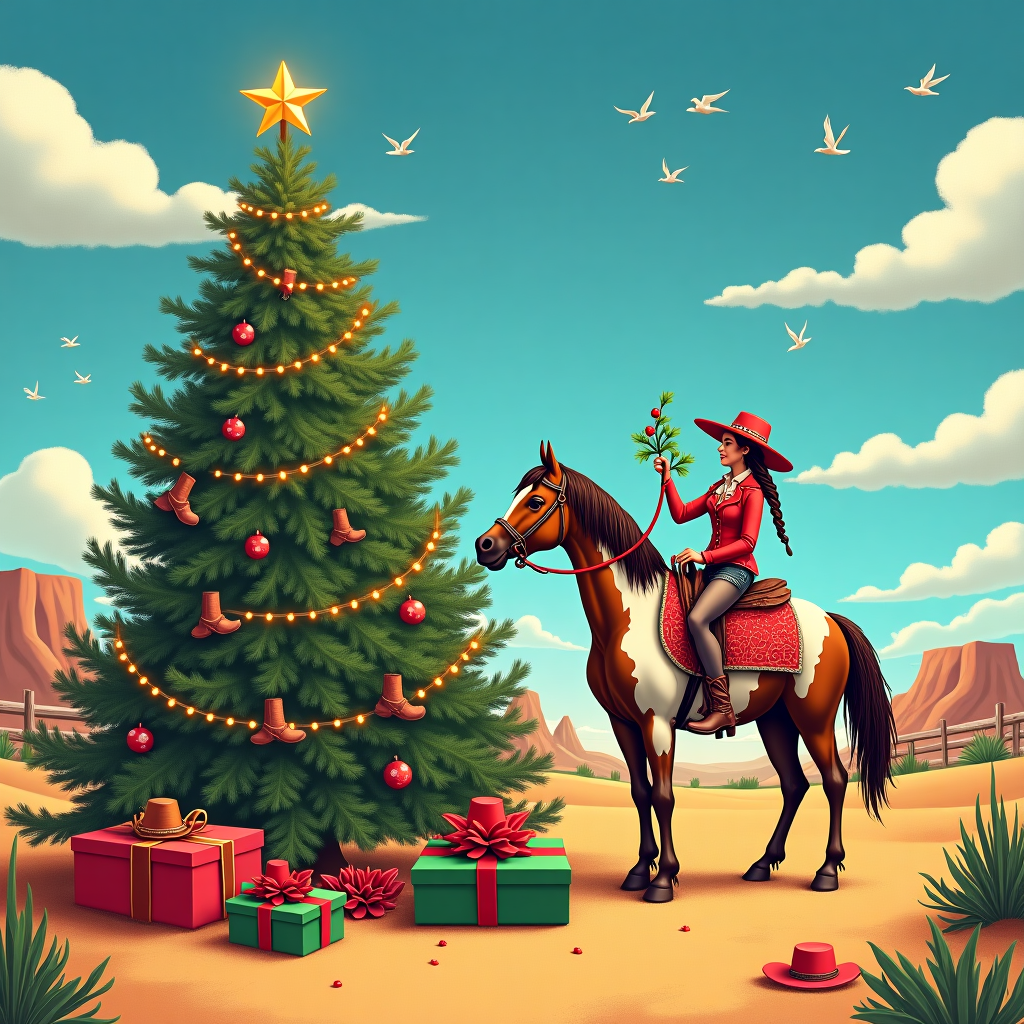 The scene unfolds in a whimsical desert landscape under a cerulean sky peppered with fluffy clouds, where the spirit of Christmas meets the rugged charm of the Wild West. At the center stands a towering Christmas tree, its branches adorned with gleaming cowboy boot ornaments, twinkling sheriff star lights, and lassos curled around the trunk like tinsel. Below, nestled in the sand and sagebrush, are brightly wrapped gifts, each tied with cacti-green ribbons and topped with miniature Stetsons instead of bows.

To the left of the tree, a spirited paint horse, with patches of white and brown that resemble snowflakes falling on a clay roof, is playfully nudging a large, gift-wrapped box with its velvety nose. The horse wears a red saddle blanket dotted with holly berries and pine needles, and its mane is braided with strips of crimson ribbon.

Nearby, a cowgirl with an old-west-meets-Christmas twist, is perched gracefully atop a weathered wooden fence. She is clad in a fringed jacket that sparkles with silver thread under the winter sun and a wide-brimmed hat dusted with a subtle layer of frost, resembling sugar on a holiday cookie. In her hand, she holds a sprig of mistletoe, playfully offering it to the curious horse.

Around them, the golden sands are speckled with scattered red and green cowboy hats, hinting at a festive gathering that has just taken place. On the horizon, distant mesas glow with an amber hue, casting elongated shadows that echo the tree's triangular silhouette, and overhead, a flock of doves takes flight, each carrying a tiny, twinkling star in its beak.
Generated with these themes: Western horse , cowgirl , paint horse , Christmas tree , gifts .
Made with ❤️ by AI.