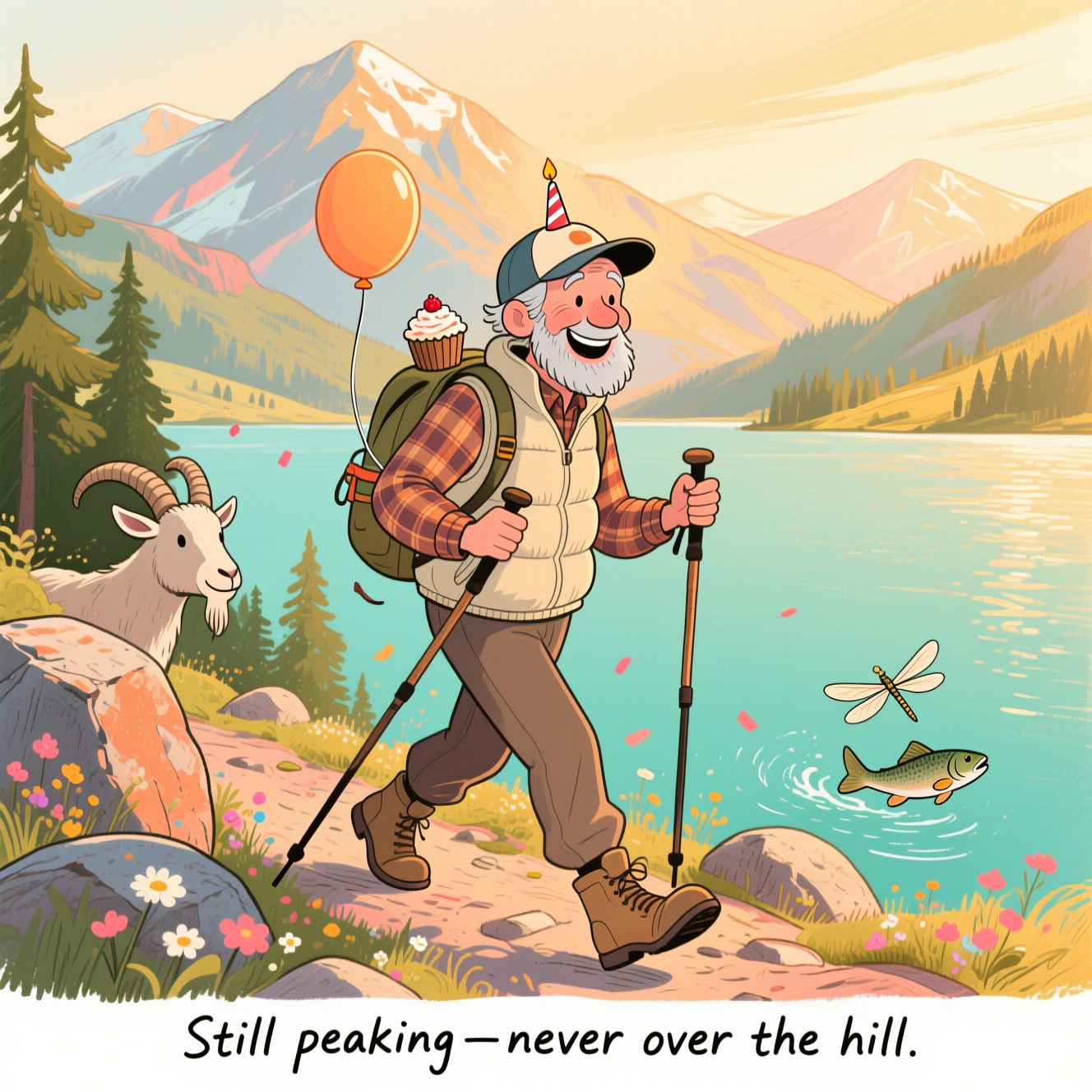 Hand-drawn illustration with fine linework, textured brush strokes, balanced composition, and a warm, expressive palette. Portrait, full-bleed 4:5. Golden-hour alpine scene: a spry older gentleman hiking a rocky trail above a shimmering lake, layered mountains beyond. He’s mid-stride, three-quarter view, grinning with laugh lines and silver stubble. Wearing a slightly crooked baseball cap (a tiny birthday candle stuck on top), flannel under a light puffer vest, sturdy boots, and using two hiking sticks. A small balloon is tied to one stick, bobbing behind him; a cupcake is strapped to his backpack. Wildflowers flick like confetti along the path. Visual humor: a cheeky mountain goat peeks from a boulder mirroring his pose; a trout leaps in the lake; a dragonfly loops through the warm light. Color direction: sunlit ochres and russets for rocks, pine greens for trees, teal-to-cerulean lake, soft coral accents, gentle sky gradient. Tactile pencil-and-wash feel, atmospheric perspective, soft shadows, no border.

Include one small, hand-lettered caption at the bottom (tasteful and unobtrusive, no other text):
“Still peaking—never over the hill.”
Generated with these themes: Older gentleman , Hiking, Mountains , Lakes, Hiking sticks, Baseball cap, and .
Made with ❤️ by AI.