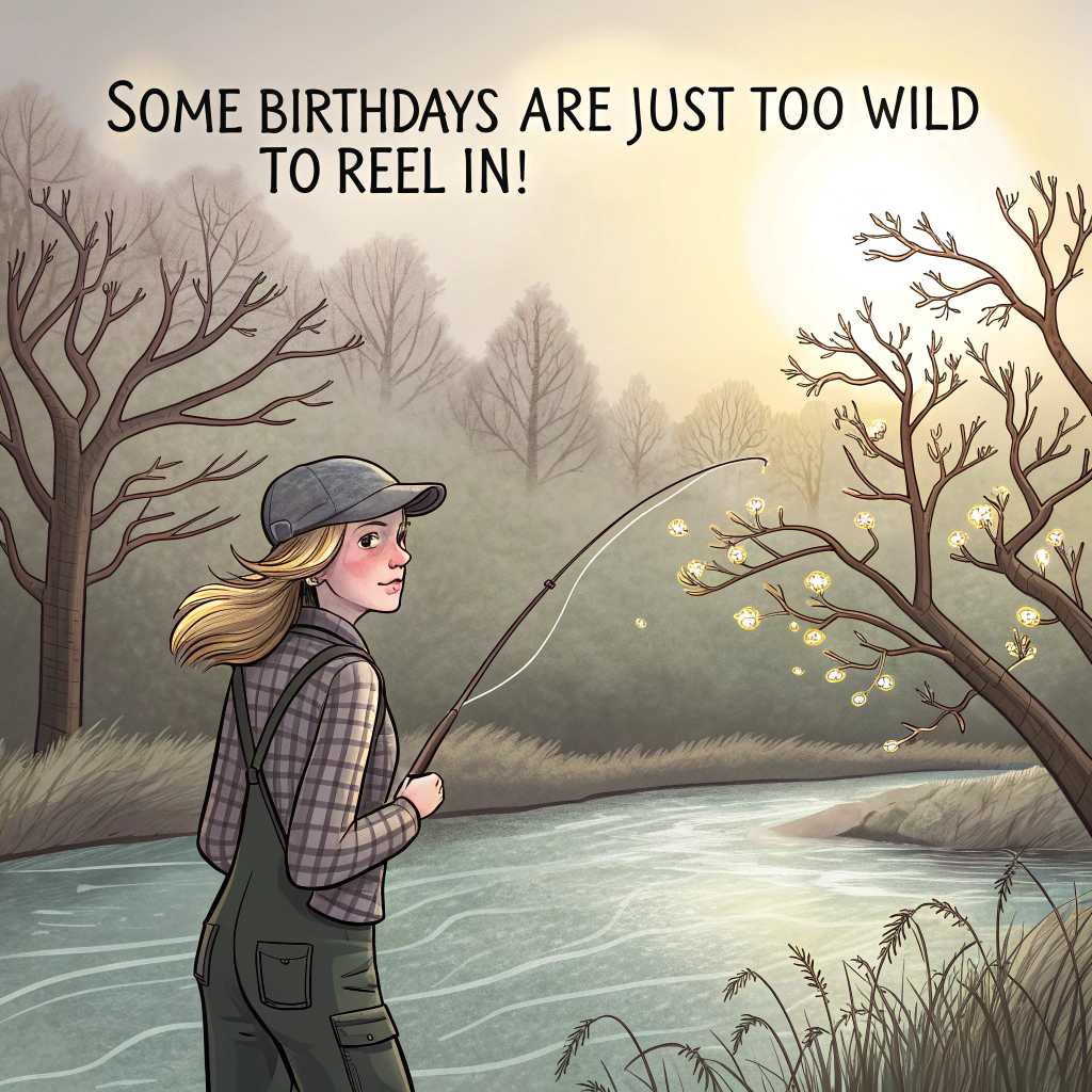 At the top of the image, "Some birthdays are just too wild to reel in!"

- Illustrate a surreal early-spring riverside scene under soft overcast light. Bare branches of budding trees create a dreamy lacework canopy as pale sunlight gently filters through.

- In the foreground, a confident blonde girl with a windswept ponytail stands knee-deep in the river, mid-cast with her fly-fishing rod. She’s wearing a grey trucker cap cocked slightly to the side and a wry grin, locked in amused awe.

- Beside her stands a black shepherd-lab mix dog with perked pointy ears, wearing a glittery, cone-shaped festive party hat. The dog's eyes are wide in delighted surprise, mirroring the girl's.

- The focus of their gaze is a rainbow trout mid-leap from the river — water droplets frozen in time around it. The trout is exuberantly airborne, and, hilariously, it's also wearing a polka-dotted party hat perched just behind its gills.

- Subtle surreal elements abound: the fly at the end of the girl's line glows faintly with rainbow sparkles, and the trees behind seem to bend ever so slightly toward the trout’s leap, as if the world itself is celebrating.

- Add no text to the bottom. Let the moment float in strange joy.
Generated with these themes: Confident blonde girl wearing a grey trucker cap, fly fishing., Soft early spring sunlight filtering through budding trees on an overcast morning. , Black shepherd-lab mix dog with pointy wearing a festive party hat., A trout wearing a party hat jumping out of the water., and The girl and the dog are looking at the trout.
Made with ❤️ by AI.