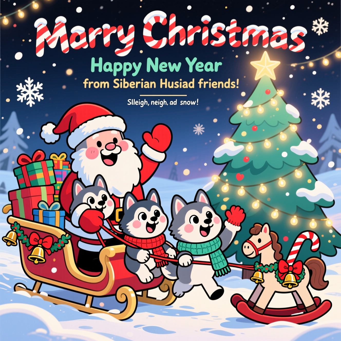 Santa, Christmas tree, Horse like cristmas toy, a bit red color, sleigh, and Christmas Card