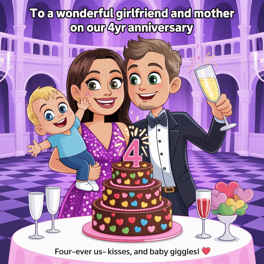 Bright and colourful ballroom with a mother beautiful purple glittery dress long dark blonde with green irish eyes holder there baby son whom has blonde hair and blue eyes and big smile on her hip while both her and her fiance whom has beautiful green eyes slim man with brown and grey hair with small beard linging towards eachother to raise glasses in a loving embrace at the main table holding a glass of champagne with a 3 tier 4th anniversary heartshaped chocolate cake with coloured heart confetti and both there names wrote on the cake sorin and katrina with sparklers the background of a very expensive romantic Romania castle with purple roses in a lovely Romania vase with celic irish design candlesticks with holders and balloons falling fom cells with glitter and the magical story book feel , and Anniversary Card