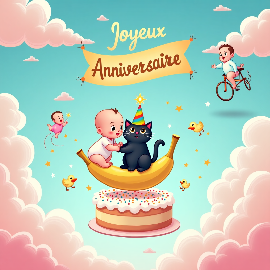 Baby boy and baby girl holding hands , Black cat with party hat, Birthday cake with one candle, and Banner that reads joyeux anniversaire Congratulations Card