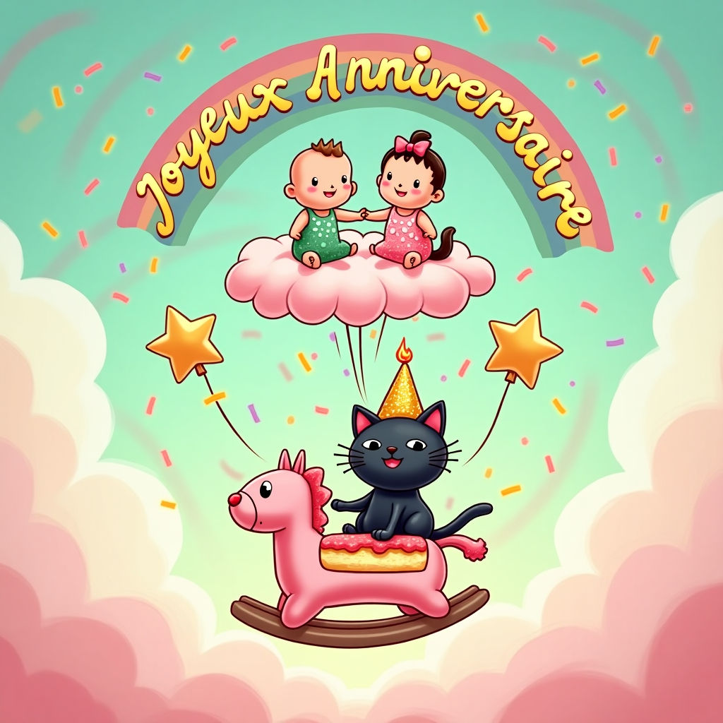 **Prompt for Image Generation (Surreal Cartoon Style):**

At the top of the cartoon image: *"Lara, you're the cat's meow of milestones!"*

Create a surreal, vibrant cartoon image featuring a dreamy, whimsical scene: a baby boy and baby girl—both dressed in sparkly party outfits—are holding hands while floating gently above a fluffy pink cloud shaped like a rocking horse. Below them, a jet-black cat wearing a glittering gold party hat sits proudly atop a floating slice of birthday cake with one large, glowing candle. The cake itself is precariously balanced on a balloon animal shaped like a llama. Suspended in midair between stars made of confetti and gummy bears, a banner arches over the scene that reads in swirly frosting-style letters: "Joyeux Anniversaire." The sky behind is a magical swirl of mint green and candy floss pink, with rainbows gently drizzling sprinkles. Every element should feel joyfully bizarre, like a party dreamed up by a sugar-hyped imagination.
Generated with these themes: Baby boy and baby girl holding hands , Black cat with party hat, Birthday cake with one candle, and Banner that reads joyeux anniversaire.
Made with ❤️ by AI.