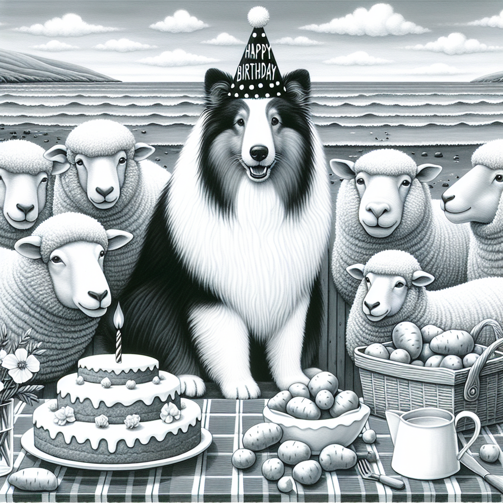 A delightful birthday-themed illustration shows a monochromatic black and white cat sitting calmly next to a friendly Sheltie dog. The scene's centerpiece is a large, white polar bear adorned with a fun party hat, indicating a warm, playful gathering with an endearing group of sheep. Adding a bit of quirkiness to the birthday banquet in the scene's foreground is an arrangement of homegrown potatoes and peas, capturing the pleasure of homegrown food. The background, with peaceful waves and traditional elements of an English seaside, rounds off the picture, establishing a tranquil yet festive environment.
Generated with these themes: Black & white cat, Sheltie dog, Large white polar bear, Sheep, Potatoes & peas, and English seaside.
Made with ❤️ by AI.