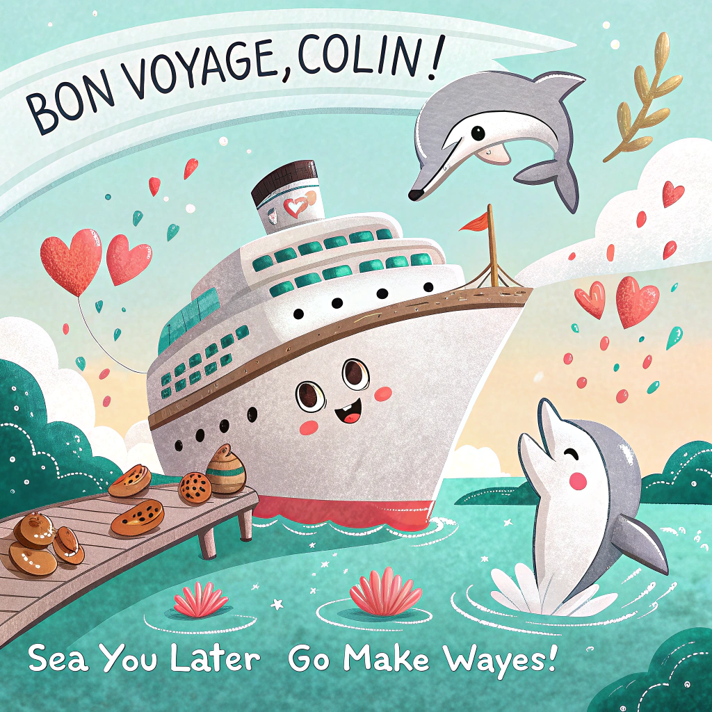 At the top of the Cartoon Style image, "Bon Voyage, colin!"

At the bottom of the image, "Sea you later—go make waves!"

In the center, depict an adorable, oversized cruise ship with a friendly face (sparkling porthole eyes, rosy cheeks, giant grin) pulling away from a confetti-sprinkled pier. The ship “waves” with a little white glove on a telescoping gangway, while two bouncy dolphins leap through turquoise, heart-shaped splashes. Seagulls with tiny hankies swoop and wave, a mini tugboat toots heart-shaped puffs, and anchor-shaped balloons bob in the air. Add smiling luggage on the dock with cute travel stickers and streamers swirling like ocean swirls. Style: playful cartoon, thick black outlines, bright saturated colors (aqua, coral, sunshine yellow, navy), whimsical energetic poses, dynamic motion lines. Typography: bold, bubbly, hand-lettered with a thick white stroke and navy drop shadow; top text arched across the sky, bottom text on a gently wavy baseline along the water for extra “sea” vibes.
Generated with these themes: Cruise ships, and .
Made with ❤️ by AI.