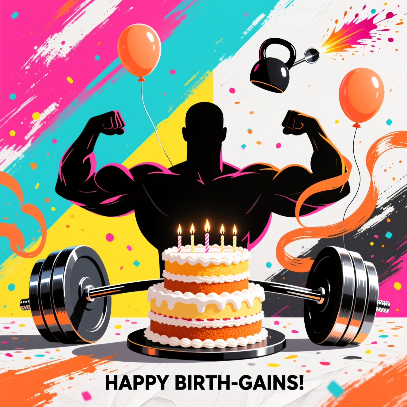 Bold abstract composition of geometric shapes and fluid curves, high-contrast colors, and dynamic brush-stroke textures. Portrait orientation. A humorous bodybuilding birthday scene rendered in modern expressive abstraction:
- Central motif: a barbell morphing into a layer cake — circular weight plates become frosted tiers with tiny candle flames; the bar extends as a sleek black stripe across dynamic color blocks.
- Suggest a flexing silhouette without a literal body: overlapping arcs like biceps, chunky rectangles like weight plates, and spiraling ribbons implying pumped energy.
- Kettlebell-shaped balloons (simple round forms with small handles) drift upward; protein-scoop comets streak diagonally, leaving paint-splatter trails.
- Composition: strong diagonals and rhythmic repetition of circles/rectangles; playful asymmetry; large image space with minimal text.
- Palette: neon magenta, electric cyan, acid yellow, tangerine, deep charcoal/ink black, and crisp white. Metallic chrome highlights on “weights.” High contrast with pops of saturated color.
- Textures: bold brush swipes, palette-knife scrapes, speckled confetti dots, and subtle paper grain in the background.
- Lighting and depth: crisp edges on geometry, soft rim glows and subtle drop shadows for dimensionality.

Include one small, witty caption at the bottom center in bold sans-serif, high contrast, single line:
HAPPY BIRTH-GAINS!

No other text, no logos, no faces. Keep the scene abstract yet clearly celebratory and bodybuilding-themed.
Generated with these themes: Bodybuilding , and .
Made with ❤️ by AI.