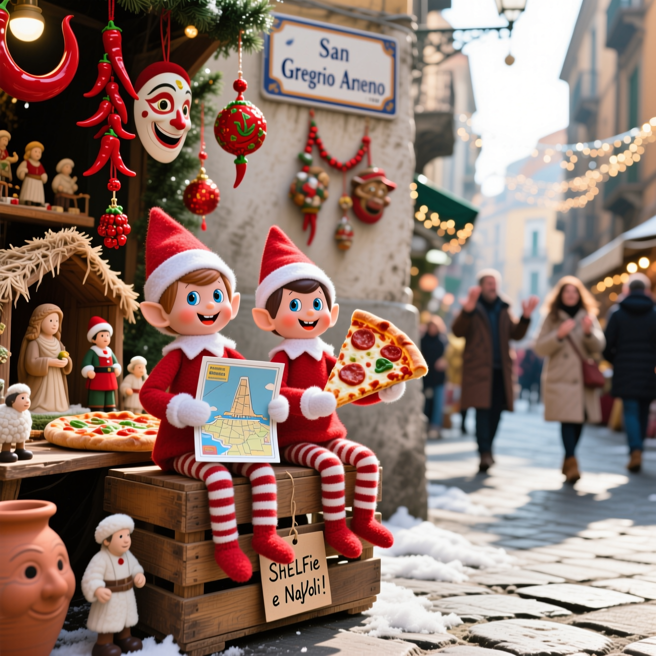 At the bottom of the Photorealistic picture taken from a camera image, indovinate dove siamo!! Buon Natale da ...... Sophia e Alessia!!

Vertical, ultra-high-definition 4K UHD, lifelike photorealistic daytime street photo in Via San Gregorio Armeno, Napoli at Christmas. Close-up at elf eye level: two Elf on the Shelf dolls (male and female) in classic red-and-white outfits with rosy plastic faces and felt textures, perched on a rustic wooden crate beside a presepe display. The female elf cheerfully holds a tiny tourist map of Napoli upside down; the male elf clutches an oversized mini slice of Margherita pizza, both grinning like mischievous tourists. Surround them with rich Neapolitan details: terracotta nativity figurines, strings of red peperoncini, little red corno amulets, a Pulcinella mask, hanging ornaments, artisan stalls brimming with miniature shepherds and pizzaioli. In the mid-ground, softly blurred shoppers in winter coats, warm hand gestures, and sparkling fairy lights; on the stucco wall, a ceramic street sign reading “Via San Gregorio Armeno.” Bright, crisp winter daylight with sunbeams raking across cobblestones; warm color temperature and true-to-life textures (wood grain, terracotta, felt, glassy elf eyes). Depth of field: sharp focus on the elves, creamy bokeh for the bustling background; mild motion blur on passersby. Camera look: 50mm prime, f/2.0, ISO 100, 1/500s, natural color grading, no heavy filters. Add a tiny hand-written tag on the crate that reads: “ShELFie a Napoli!” for a playful wink. Place the main text in a playful white hand-lettered script with a soft drop shadow for readability over the lower third, keeping the image large and dominant.
Generated with these themes: Due elfi maschio e femmina di elf on the shelf tra le strade di san gregorio armeno a Napoli a Natale, Foto di giorno, and .
Made with ❤️ by AI.