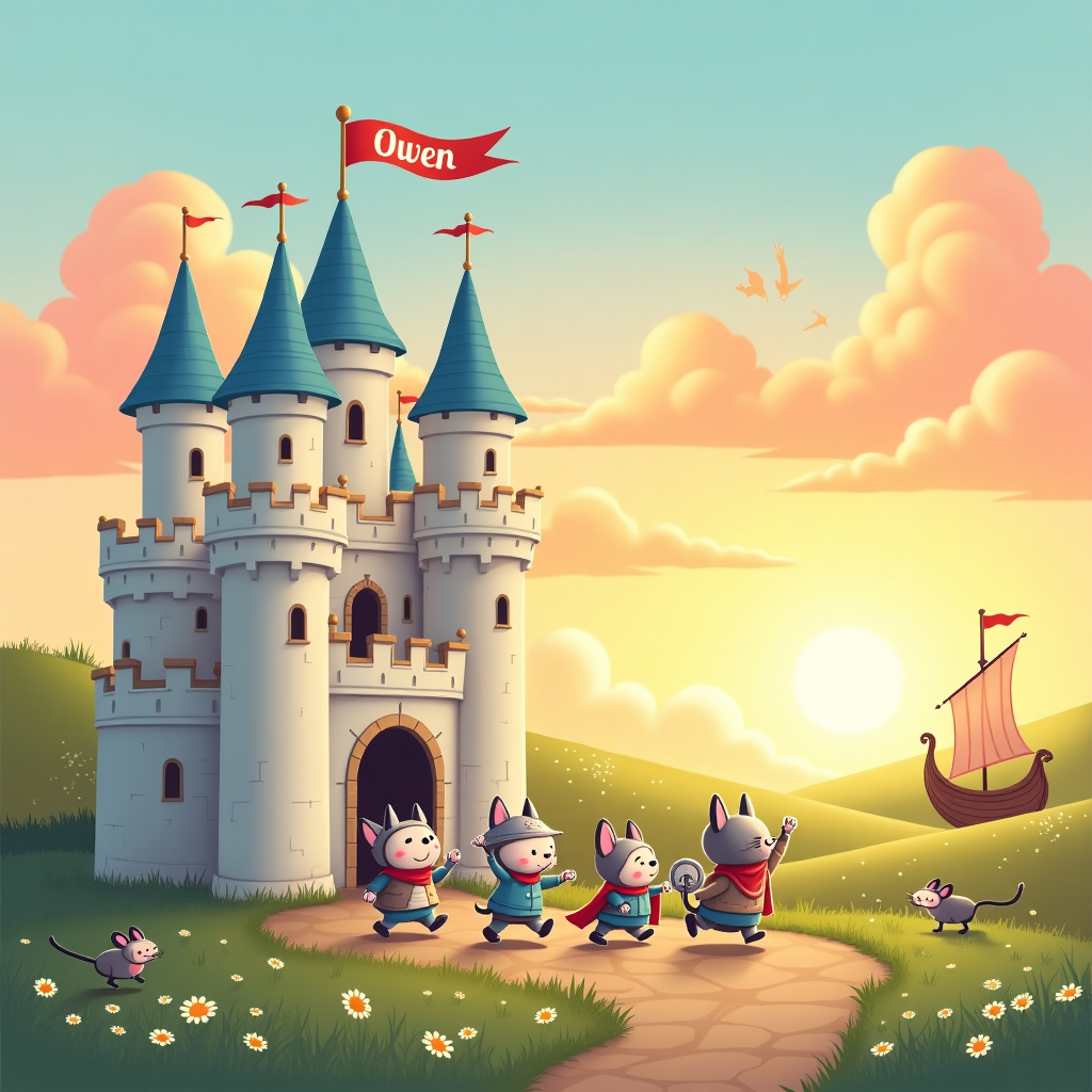 In the foreground of the new-baby greeting card, an enchanting castle rises with a whimsical, medieval charm. Its tall, cylindrical towers, capped with pointy turrets, seem to reach for the sky, painted in pastel shades of baby blue and soft pink. The drawbridge is adorned with a banner, fluttering in the gentle morning breeze, bearing the name "Owen" in playful, chunky letters reminiscent of a Charles Schulz comic strip. 

Emerging from the castle's gates, a group of adorable Viking kittens march bravely. They wear tiny horned helmets (crafted from delicate yarn), with small capes flapping at their backs. One carries a pacifier on a miniature shield, while another triumphantly waves a plush rattle shaped like a sword. A larger cat, their wise leader, stands proudly on a battlement, pointing toward the horizon with a soft, paw-tipped hand.

In the background, the scene comes alive under the warm embrace of a magnificent sunrise. The sky is a cascade of vibrant oranges, pinks, and yellows, reminiscent of Winsor McCay's dreamy landscapes. The sun's first rays stretch like gentle fingers across the landscape, casting a soft glow over the scene. Fluffy clouds meander lazily, subtly spelling out "Welcome, Owen" in their puffy forms—a nod to the imaginative styles of Walt Disney and Osamu Tezuka.

The lush, rolling hills around the castle are dotted with wildflowers, where tiny cartoon mice, drawn in a Bill Watterson style, playfully chase each other, adding an extra layer of whimsy to the card. In the distant fields, a cartoonish Viking ship with sail billowing softly, seems to be moored, ready to set sail on an adventure that welcomes the little one, Owen, into the world. This card captures the essence of a fairy-tale world, lovingly welcoming Owen into a life full of stories yet to be told.
Generated with these themes: Castle, Sunrise, Cats, and Viking.
Made with ❤️ by AI.
