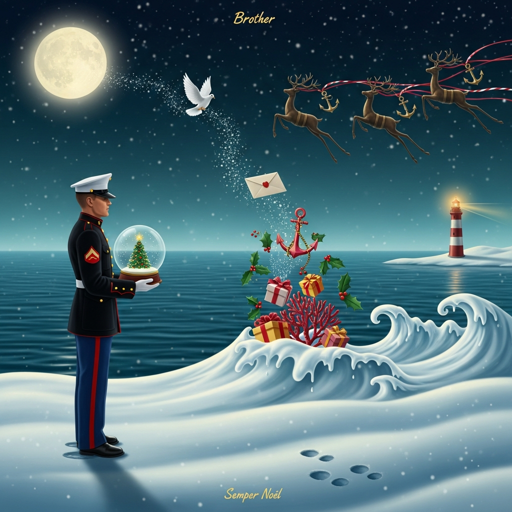 At the top of the Surreal Style image, Brother

Vertical, dreamlike surrealism (Dali-inspired), sincere and tender. A vast moonlit snowscape dissolves into a calm navy ocean; the snow curls like soft taffy waves and drips little pearls of starlight. Center-left stands a solitary Marine in a sleek ceremonial dress uniform (no insignia or logos), white cover gently tilted, calmly holding a small snow globe. Inside the globe: a tiny evergreen shaped like an anchor glowing candle-gold; the glass melts into a pearlescent wave that wraps his polished boots and becomes floating gift boxes and holly leaves that morph into coral. Long-legged bronze reindeer stride across the horizon on spindly, elegant legs, carrying anchor-shaped ornaments that dangle from candy-cane ribbons stretched taut like crimson-and-cream constellations. A lighthouse that is also a candle rises in the distance, its flame a guiding star; a folded letter from home unfurls midair into a white dove, leaving a soft trail of glittering frost. Two sets of footprints in the snow converge peacefully near the figure. Ethereal rim light, soft candle highlights, cool teal shadows, gentle snowfall bokeh; palette of deep navy, sea-glass teal, pearl white, cranberry red, and warm gold. Low-angle, elongated perspective, negative space for serenity. No weapons, no violence, no specific military emblems.

At the bottom in small warm-gold handwritten script, a single line: Semper Noel.
Generated with these themes: Marines, and .
Made with ❤️ by AI.