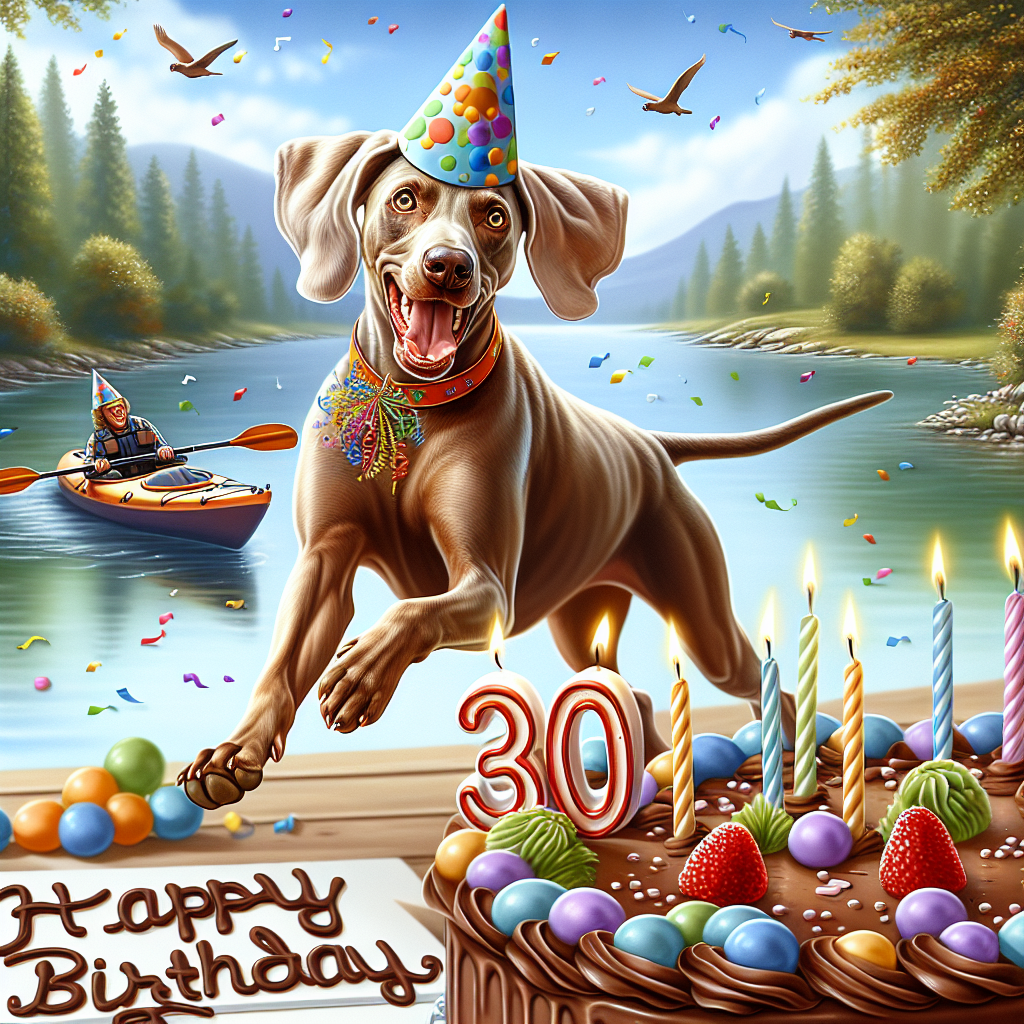 Brown Weimaraner, Kayaking , Running, 30th birthday , and Cake Birthday Card