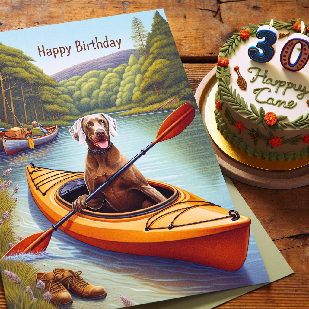 Create a playful scene ideal for a 30th birthday card featuring a brown Weimaraner dog. The dog is poised inside a kayak expressing joy, a recognition of the birthday person's love for kayaking adventures. Depict a forest trail surrounding the watercraft, suggesting a recent run full of fun. Right beside the kayak on the shore, sits a lovely decorated birthday cake, complete with the number '30' crafted in icing, just waiting to be enjoyed. The setting should be warm and whimsical.
Generated with these themes: Brown Weimaraner, Kayaking , Running, 30th birthday , and Cake .
Made with ❤️ by AI.