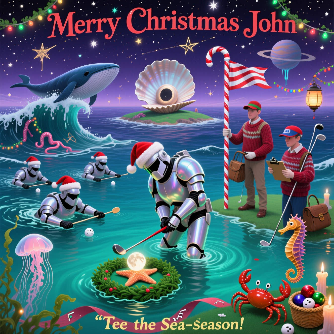 At the top of the Surreal Style image, Merry Christmas John

A dreamlike, Dali‑esque seascape where the midnight ocean melts upward into a star‑spangled sky. Bulky sci‑fi space marines in pearlescent, candy‑cane‑trimmed armor and jaunty Santa hats are sea‑swimming in synchronized strokes while golfing. The hero marine, chest‑deep at the waterline, mid‑swing with a candy‑cane driver, tees a tiny glowing moon‑ornament ball off a starfish on a floating wreath‑green; the distant “hole” is a polished conch shell perched on a wave like a surreal island. A whale caddy in a knitted jumper steadies a striped candy‑cane flag; an octopus caddy offers alternative clubs; a crab scuttles by with a basket of bauble‑golf balls; a seahorse in a visor tallies the score on a kelp clipboard. Jellyfish lanterns glow like fairy lights, seaweed garlands drape the waves, and constellations are strung like tinsel across the horizon. Melting golf bag draped over a silky wave, elongated shadows, planets dripping like wax candles, ripples that turn into musical staves as snowflakes drift both up and down.

Ethereal bioluminescent lighting from the water, cool silver rim light, festive red‑green highlights; painterly, high‑detail, whimsical and funny. Wide cinematic composition, low camera at the waterline, central action large with generous negative space above for the title. Palette: aquamarine, violet‑indigo, snowy white, candy‑cane red, and warm gold glints. Dreamlike surrealism, Dali‑inspired melting forms, 4k, crisp yet soft‑brushed textures.

Small cheeky caption near the bottom on a drifting ribbon of kelp: “Tee the Sea‑son!”
Generated with these themes: Space marines golf sea swimming , and .
Made with ❤️ by AI.