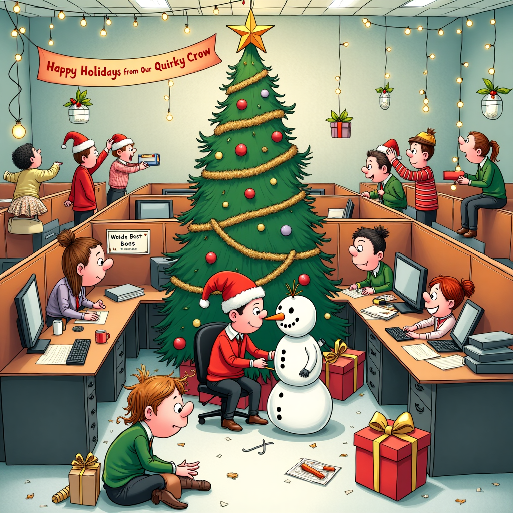 In this whimsical Christmas greeting card illustration, we delve into a bustling office transformed into a festive wonderland, brimming with holiday cheer and absurdity. The setting is an open-plan office with cubicles replaced by gigantic, whimsically decorated Christmas presents. Each 'cubicle' is topped with oversized bows and glimmering tinsel that cascades down in shimmering strands. At the center of the room stands a colossal Christmas tree, its branches adorned with quirky ornaments like mini staplers, coffee mugs, and keyboards. The star atop the tree is hilariously swapped for a sparkling office chair. 

Employees are seen gathered around the tree, participating in a unique Secret Santa exchange. One character, wearing a comically oversized elf hat, presents a giant roll of bubble wrap, met with exaggerated joy by the recipient. Another employee, sporting reindeer antlers, triumphantly wields a framed 'World's Best Boss' certificate. In the foreground, a mischievous group decorates a snowman made entirely of shredded paper, complete with a carrot-nosed paperclip and button eyes from recycled ink cartridges.

The ceiling is draped with twinkling fairy lights, and mistletoe hangs in strategic places, under which a pair of office workers share an exaggerated, cartoonish peck on the cheek. A festive banner strung across the top reads, "Happy Holidays from Our Quirky Crew!" The walls are dotted with playful, hand-drawn charts showing record-high Christmas spirit levels, inspired by Beatrix Potter's soft and detailed backgrounds. 

Inspired by Quentin Blake's lively line work, the characters are full of animated expressions and gestures, their outfits a chaotic mix of holiday sweaters, ties, and Santa hats. The scene captures a delightful blend of corporate humor and Christmas chaos, each detail narrating a snippet of festive office life with nods to the charming intricacies found in the works of Edward Gorey and Maurice Sendak.
Generated with these themes: Fun company christmas card.
Made with ❤️ by AI.