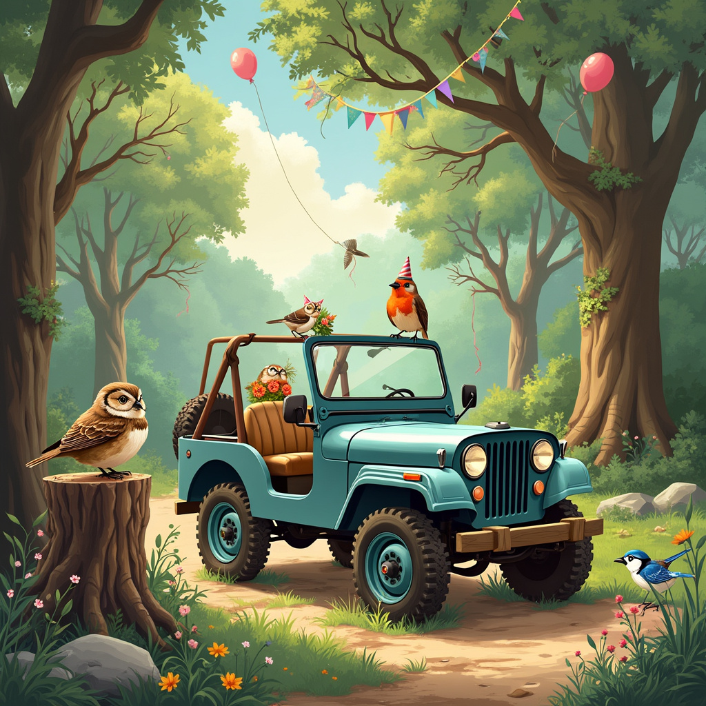 Picture a lush, sun-dappled forest where towering trees with verdant green leaves create a natural canopy overhead. The card's focal point is a charming, vintage teal Jeep parked on a well-trodden dirt path, its windows down and its doors flung open as if inviting someone to jump in and take an adventure. On the hood of the Jeep, a cheerful, plump robin wearing a tiny party hat perches confidently, its beady eyes sparkling with mischief.

Nearby, perched on the Jeep's side mirror, a pair of adorable lovebirds cuddle close, their vibrant blue and green feathers shimmering in the sunlight. The rearview mirror hangs a small, colorful garland made of tiny birthday flags, swaying gently in the breeze. Inside the Jeep, you can see a bouquet of wildflowers resting on the passenger seat and a wrapped birthday gift with a large bow peeking out from the backseat.

In the background, a tree stump serves as a whimsical bird gathering spot. A wise-looking owl with round spectacles reads from a scroll, seemingly orchestrating the celebration, while blue jays and sparrows flit around, some holding streamers in their beaks. Balloons tied to the branches above add to the festive atmosphere, their bright colors contrasting beautifully with the natural greens and browns of the forest.

Every detail, from the texture of the Jeep's worn leather seats to the intricate patterns on the birds' feathers, is carefully crafted to tell a delightful story of a unique birthday celebration in nature. The overall scene is alive with the joyful energy of birds and the timeless charm of a classic Jeep, perfectly capturing the essence of a whimsical outdoor birthday adventure.
Generated with these themes: Birds , and Jeep .
Made with ❤️ by AI.