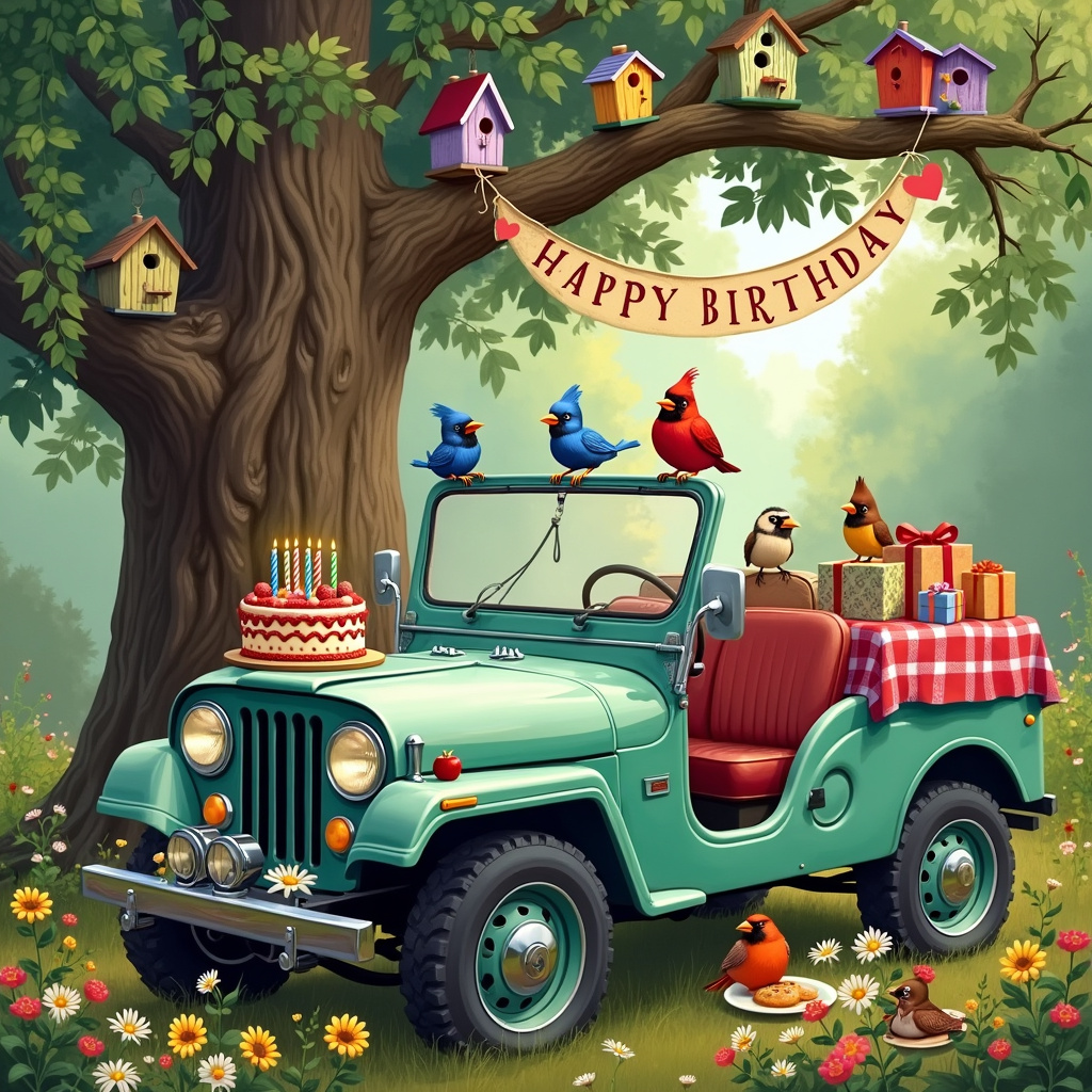 Birds , and Jeep Birthday Card