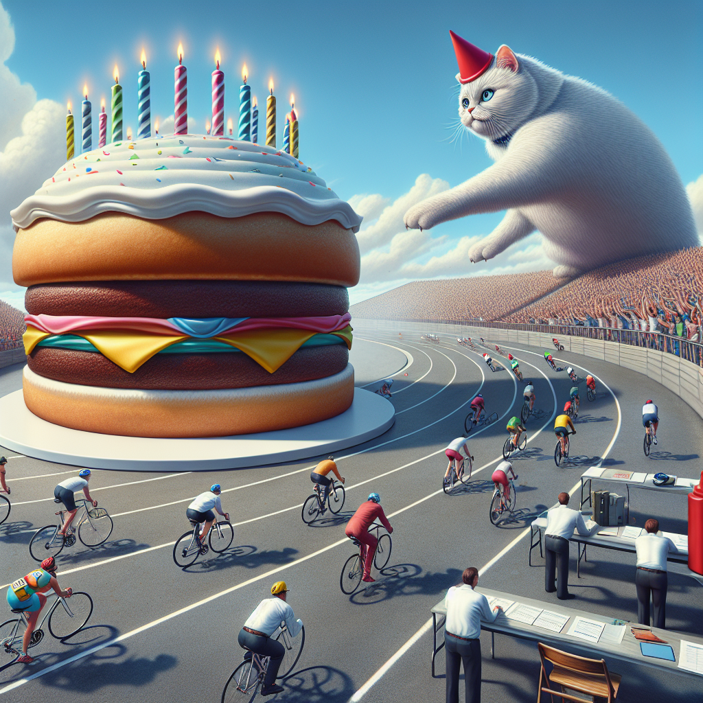 Portray a surreal yet realistic birthday setting, where an oversized birthday cake dwarfs a dynamic cycling race, signifying the joy of celebration. Show a meticulously designed, hardworking cat, its fur gleaming in the light, riding a bicycle and wearing a snug safety helmet. Include spectators dressed in mundane office wear, their spreadsheets waving in the wind, embodying the clash of professional and recreational aspects of life. Off to the side, depict an enormous ketchup bottle, hinting at the possibility of seasoning the unusual finish line made up of a colossal burger.
Generated with these themes: Cat riding bike wearing helmet, Ketchup, Birthday cake, Cycling race, Spreadsheets, and Burger.
Made with ❤️ by AI.