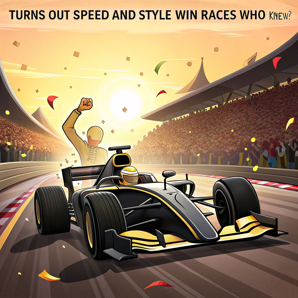 At the top of the image, "Turns out speed AND style win races – who knew?"

- In the center of the image, show a sleek black and gold APXGP Formula 1 race car screeching across the finish line at sunset, confetti flying everywhere, and an enormous, excited cartoon crowd going wild in the stands.  
- The car’s tires are smoking from the victory skid, and the golden sunlight gives it a dramatic, over-the-top shine.  
- The driver is still in the car, helmet half off, fist raised triumphantly in one hand — while awkwardly trying to pop a champagne bottle with the other (it's squirting foam straight into his own face).  
- A giant, goofy "THANK YOU!" banner waves from a flag being held by an overexcited pit crew member sprinting toward the track.
- The mood is high-energy and hilariously chaotic, with exaggerated cartoon faces, action lines, and big, joyful expressions.
Generated with these themes: a black and gold race car from the APXGP team wins a F1 grand prix at sunset in front of a cheering crowd.  the driver is still sitting in the car and is celebrating..
Made with ❤️ by AI.