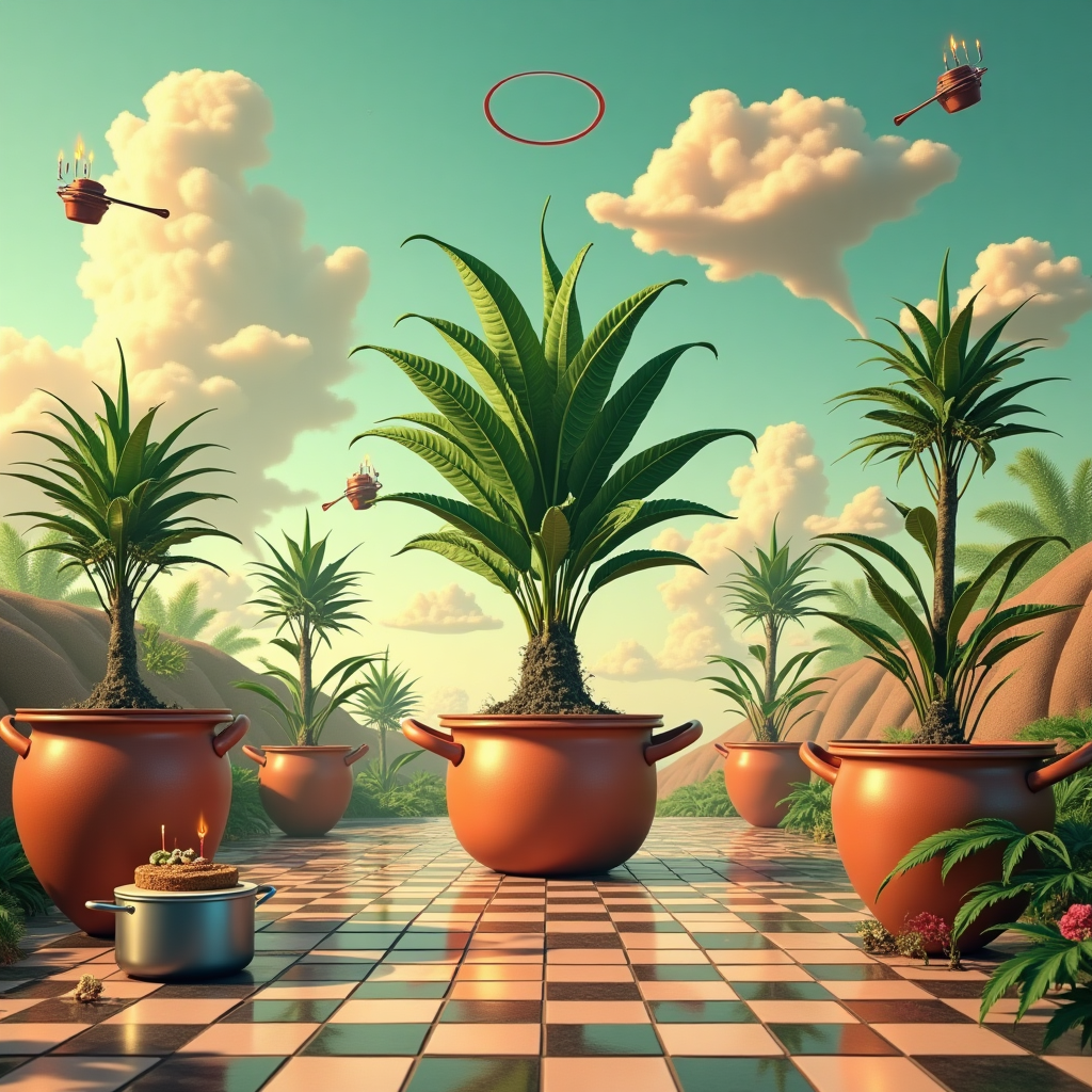 At the top of the Surreal Style image, Happy Birthday Big Brother

A dreamlike, Dali-inspired kitchen-greenhouse under an ethereal pastel sky: endless checkerboard tiles ripple like dunes; colossal terracotta cooking pots with drooping, melted handles sprout glossy cannabis leaves, their roots curling into the floor like vines. A towering chrome saucepan-plant stands centerstage, its lid floating as a halo-moon while silky, fragrant smoke ribbons rise and curl into whimsical shapes. Clouds shaped like chef hats drift by; a whisk tree whips a puff of cream-cloud into a spiral galaxy; floating ladles pour golden light like soup suns. On a nearby counter-dune, a tiny brownie-birthday cake balances, candles flickering into leaf-shaped flames, while an anthropomorphic pot in sunglasses stirs itself with a wooden spoon. Playful smoke rings loop through the scene, hinting at home-grown aromas; spaghetti ladders climb between pots; cookie moons orbit a glowing stovetop horizon of blue-flame flowers. Lighting is soft and otherworldly—pearl highlights on chrome, warm sunset golds and minty greens, a gentle haze with long, surreal shadows. Ultra-detailed textures, melting forms, and improbable reflections; wide, slightly low-angle view for grand, funny majesty.

Add a small, cheeky caption at the bottom in hand-drawn script on a gently melting recipe card: May your greens be mighty and your meals high art.
Generated with these themes: Growing pot , smoking home grown pot, being creative with cooking , and .
Made with ❤️ by AI.