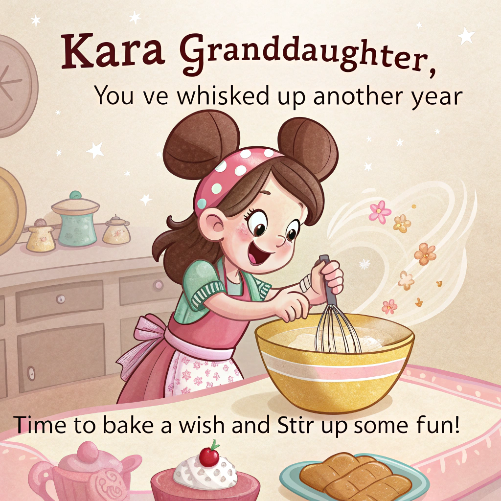 At the top of the image, "Kara Granddaughter, you’ve whisked up another year – time to bake a wish and stir up some fun!"

– Depict a delightful cartoon scene inspired by classic Disney animation: a cheerful kitchen bursting with color and charm. Kara, a sweet young girl styled like a Disney heroine, wears oversized mouse ears and a frilly pink apron as she giggles while stirring an enormous, overflowing mixing bowl.  
– Surround her with enchanted kitchen helpers—dancing cupcakes with smiley faces, a mischievous rolling pin twirling like a ballerina, and a cheeky talking oven mitt tossing sprinkles in the air like confetti.  
– In the background, a whimsical cake castle rises with sparkling candles and fairy dust floating above.  
– Everything glows with that signature warm, magical Disney lighting, and little birds with ribbons in their beaks help frost the cake from above.
Generated with these themes: Disney cooking .
Made with ❤️ by AI.