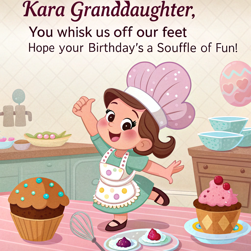 At the top of the image, "Kara Granddaughter, you whisk us off our feet – hope your birthday’s a soufflé of fun!"

- In the center of the image, illustrate a cute, Disney-style kitchen where adorable animated desserts are dancing on a countertop.  
- Kara is portrayed as a cheerful cartoon baker with oversized chef’s hat and sprinkle-covered apron, surrounded by talking cupcakes, giggling mixing bowls, and a singing oven with a smiling face.  
- One cupcake holds a tiny birthday banner, and a cinnamon roll wears a party hat while being dramatically frosted by a swooping animated spatula with googly eyes.  
- The colors are soft pastels with sparkles, swirls of icing, and the feel-good magic of Disney cooking chaos.
Generated with these themes: Disney cooking .
Made with ❤️ by AI.