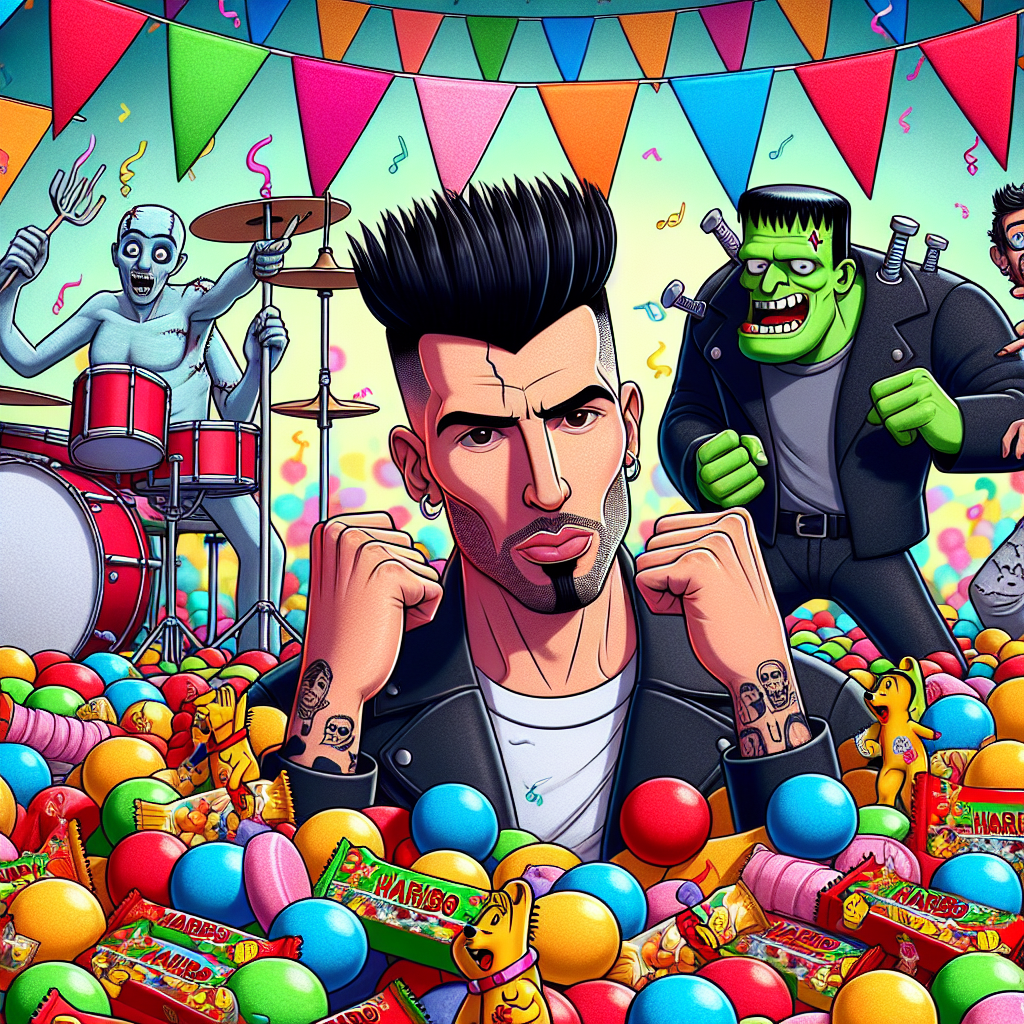 In a vibrantly colored cartoon-style birthday scene, the central figure is a man with a distinct black quiff. He's amidst a multitude of delicious looking Haribo sweets, inviting a festive, sweet ambience. Adding rhythm to the scene, a drum set is subtly placed nearby. A comically depicted character resembling Frankenstein partakes in the scene with bolts and a lopsided grin, dancing rhythmically in the background. Many characters in this scene are decorated with playful tattoos, contributing to the edgy yet harmless fun atmosphere of this birthday celebration.
Generated with these themes: Man with black quiff, Haribo sweets, Drums, Frankenstein, and Tattoos.
Made with ❤️ by AI.