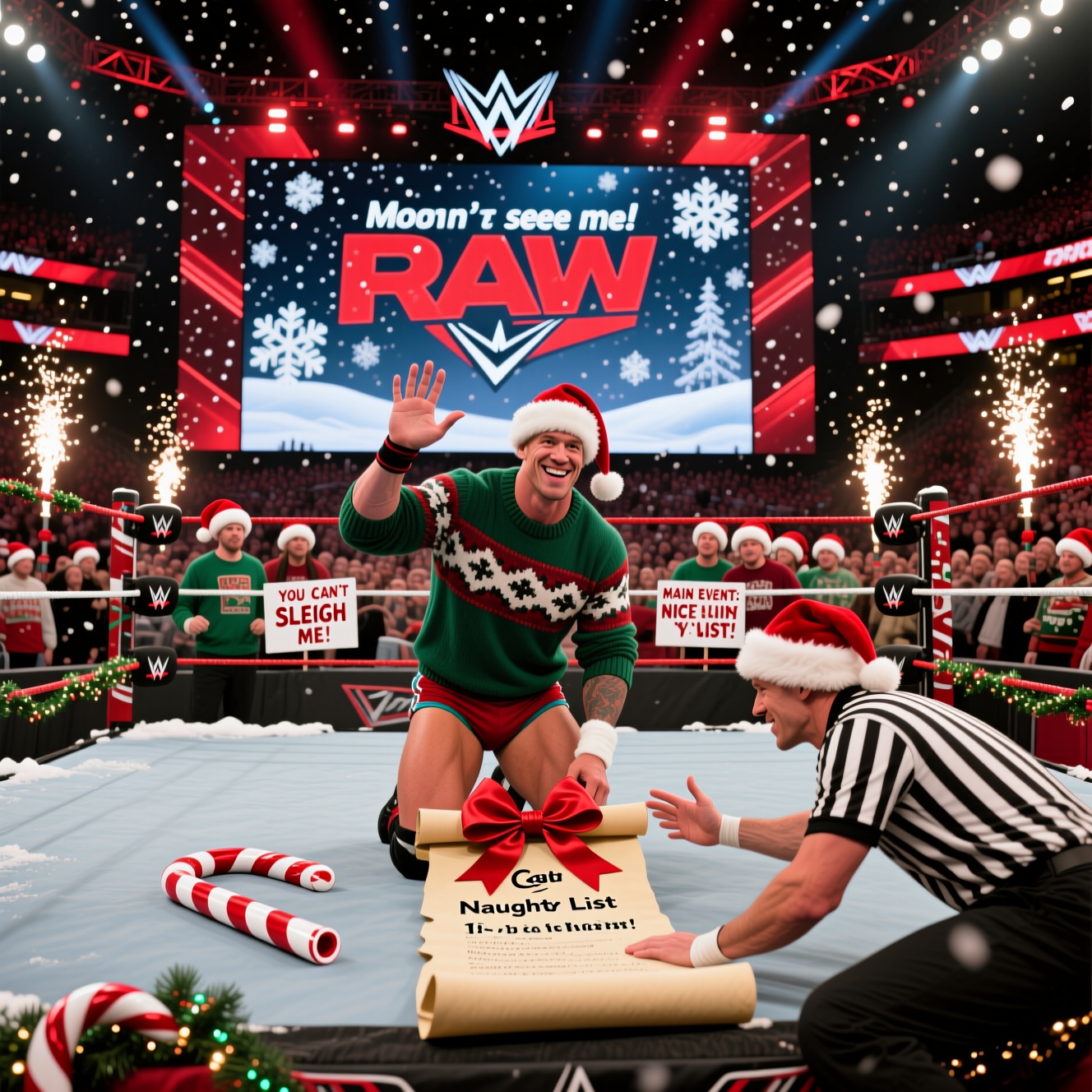 At the top of the Photorealistic picture taken from a camera image, "Santa said you've been really good this year!"

At the bottom of the image, "Cena just hit the 1-2-3 on the Naughty List!"

Ultra-high-definition 4K UHD photograph, true-to-life arena lighting, lifelike textures, rich depth of field. A packed pro-wrestling arena styled like Monday Night RAW on Christmas night: red-and-black stage lights, a giant LED wall with animated snowflakes, gentle snow-confetti drifting down. Center ring is decked out with candy-cane tinsel ropes, fairy-lit ring posts, and turnbuckles wearing Santa hats. John Cena is in the spotlight mid-ring, photorealistic, wearing a Santa hat and a festive sweater over his classic jorts and wristbands, grinning and doing his “you can’t see me” wave. He’s pinning a giant scroll labeled “Naughty List” tied with a big red bow, while a referee in a candy-stripe shirt slides in, hand mid-slap on the mat. Ringside crowd in cozy holiday sweaters and Santa hats, a couple of playful signs like “YOU CAN’T SLEIGH ME!” and “MAIN EVENT: NICE LIST!” Pyro spark fountains glow at the ramp edges. Cinematic ringside camera angle, 50mm lens perspective, f/2.8, shallow depth of field focusing crisply on Cena and the “Naughty List,” with soft bokeh crowd and lights, realistic skin and fabric detail, subtle motion blur on falling confetti. Bold, high-contrast, winter-frost text styling for the headline and punchline; ensure readability; no visible brand logos.
Generated with these themes: WWE Monday night raw, WWE wrestling, John Cena , and .
Made with ❤️ by AI.