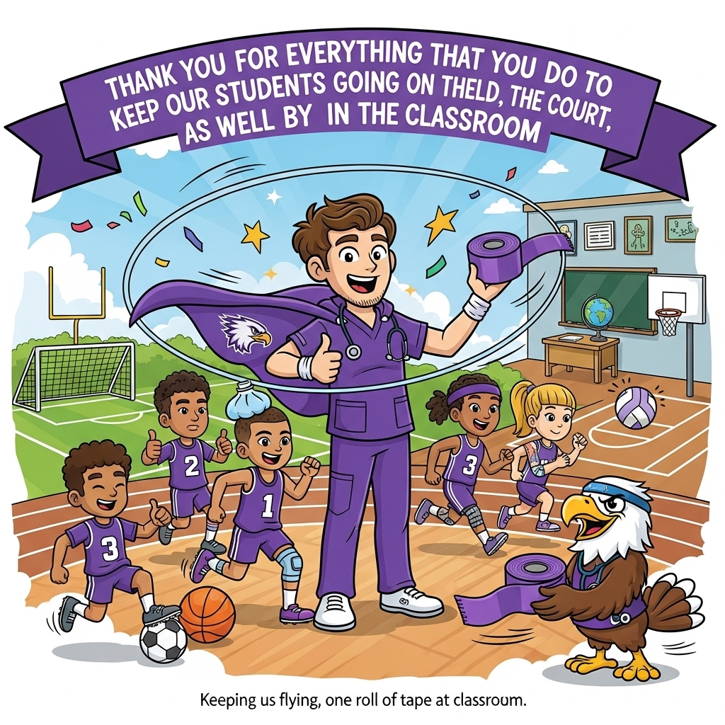 At the top of the Cartoon Style image, Thank you for everything that you do to keep our students going on the field, the court, as well as in the classroom.

A big, funny, playful cartoon scene with exaggerated proportions, thick black outlines, and bright saturated colors. Center stage: a cheerful school sports therapist in purple scrubs with white accents and a fluttering purple cape with a white eagle emblem, grinning and giving a thumbs-up while twirling an oversized roll of purple athletic tape like a lasso. Around them, a small group of diverse student athletes in whimsical, energetic poses—soccer player with a neatly taped ankle and thumbs-up, basketball player balancing an ice pack on a knee, track runner with a supportive knee strap mid-stride, volleyball player with a tiny elbow bandage—all smiling and wearing purple-and-white uniforms.

The school’s eagle mascot is a goofy sidekick: big expressive eyes, tiny stethoscope and purple sweatband, offering another giant roll of tape, feathers slightly puffed. Background is a light, whimsical montage that hints at the field, the court, and the classroom: to the left, bright green turf and goalposts; to the right, a shiny wooden court with a hoop; in the back, a classroom corner with a desk, globe, and chalkboard doodles (no words). Add motion swirls, starbursts, and confetti-like shapes for energy.

Color palette led by the school colors purple and white, with lively accents (grass green, basketball orange, sky blue). Simple, soft shading and glossy highlights for a friendly, clean look.

Set the long line of text at the top inside a bold curved purple ribbon banner in friendly white lettering. At the bottom, add one short, cheeky caption in small playful type: Keeping us flying, one roll of tape at a time!
Generated with these themes: .
Made with ❤️ by AI.