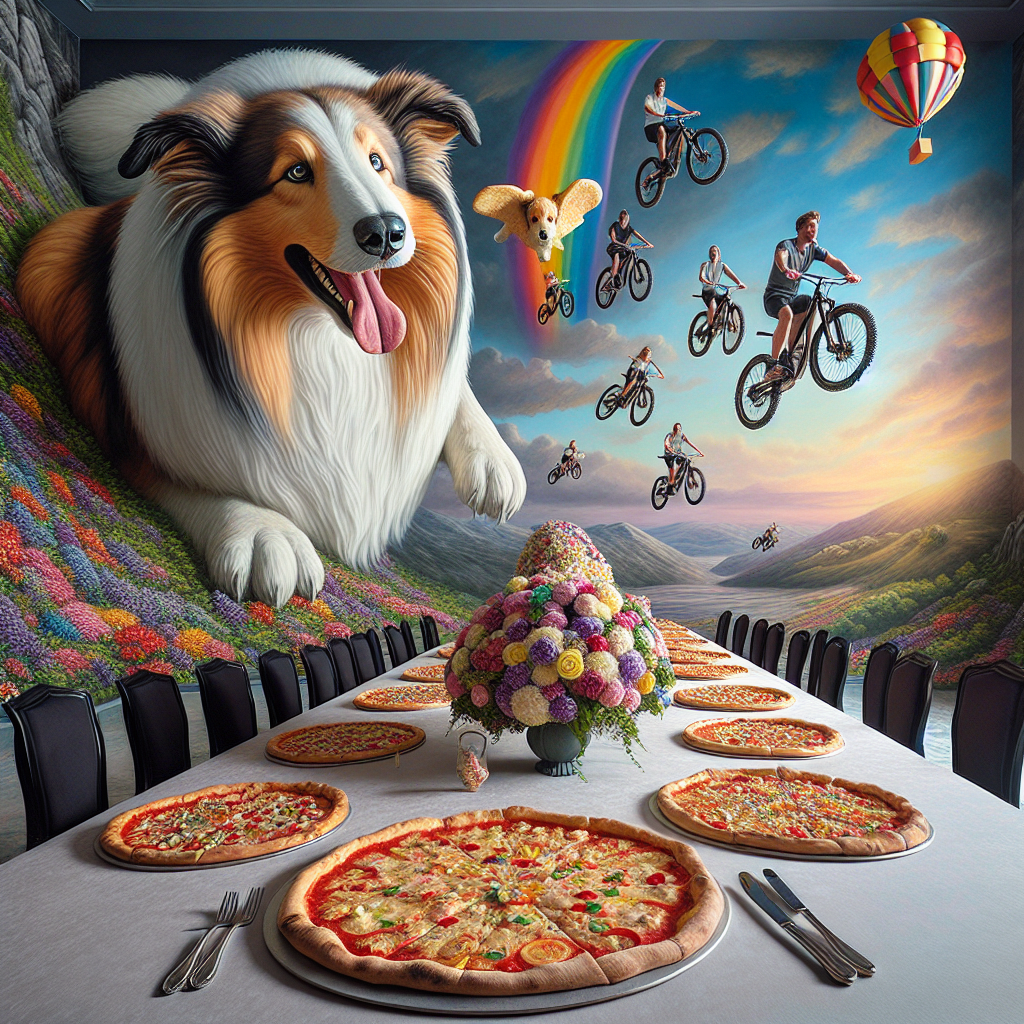 Mountain bikes, Collie dog, and Pizza Birthday Card