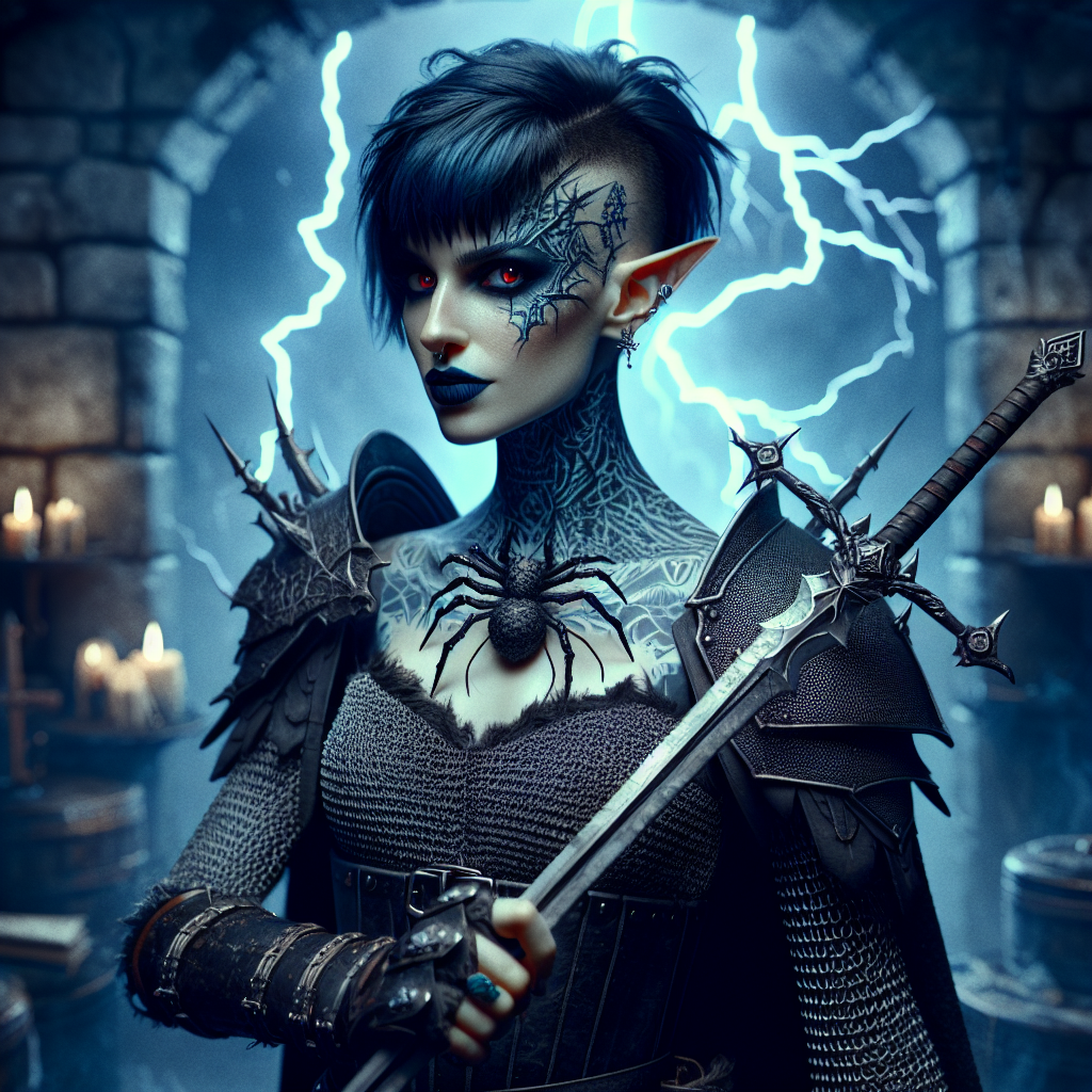 Female dark elf, Pale skin, Dark blue hair with undercut, Spider neck tattoo, Cleric, Noble, Dark chain mail armour, Long sword, Shield, Dungeon, Red eyes, Dark fantasy, Lightning, and Tempest Birthday Card