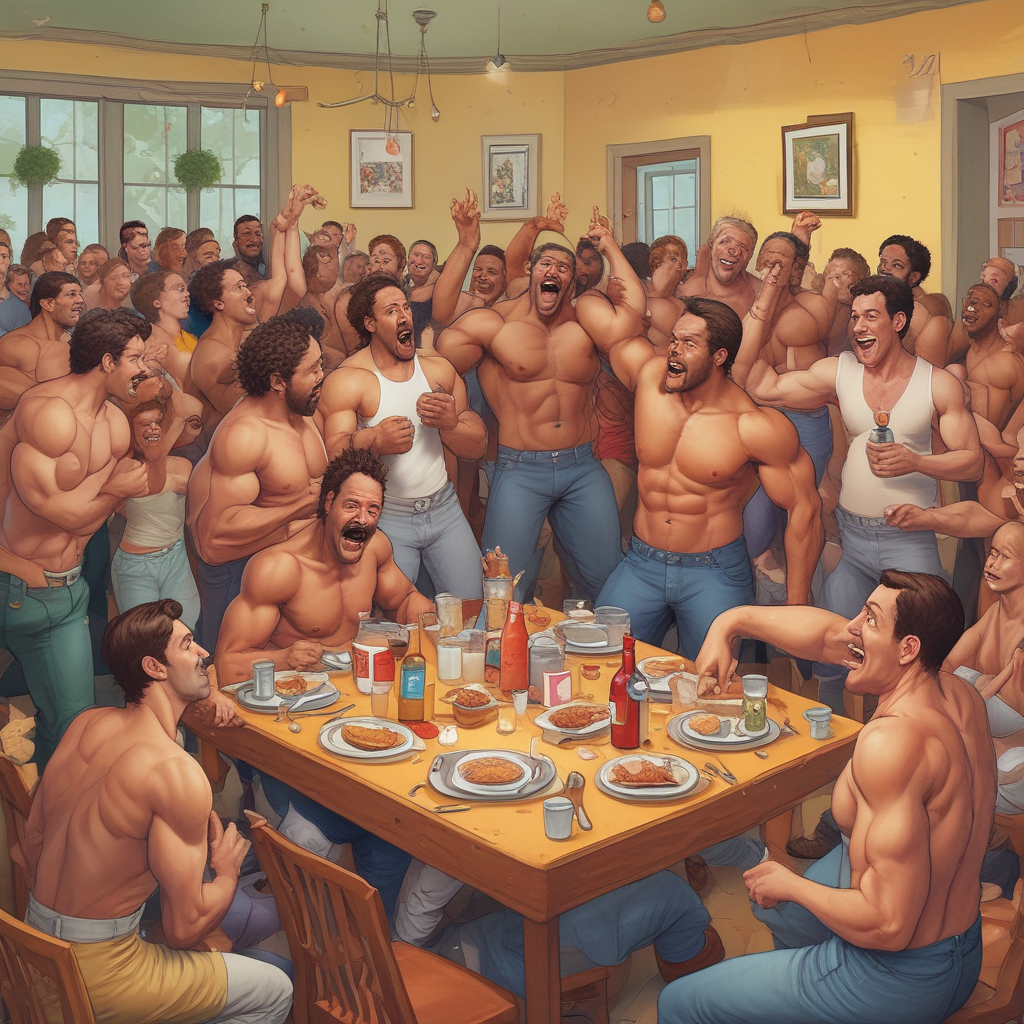 Realistic Funny, Picture a humorous and chaotic birthday party, where muscled men of diverse descents, who aren't wearing their shirts, become the focal point. They flex and pose while interacting with party-goers. Sounds of laughter echo as an unexpected custard pie fight breaks out, with custard-filled projectiles airborne every which way. In the middle of the chaos, a bright green dunking booth waits ominously. The guest of honor, whose gender is not specified, is eager to trigger the dumping mechanism, that upon activation, douses them in a green, slime-like substance, to the immense joy of the entertained attendees.
Generated with these themes: Shirtless hunks, custard pie fights, gunge.
Made with ❤️ by AI.