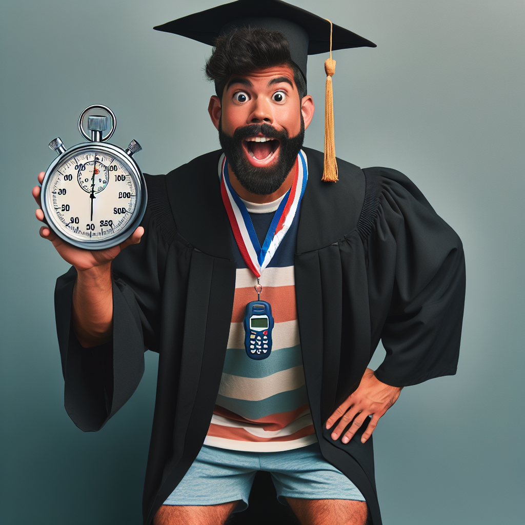 A comical image portrays an enthusiastic young Hispanic man with a beard, just graduated with a degree in PE teaching. He wears a unique combination of academic robe and cap but with casual shorts and a tee underneath as he embodies the essence of physical education. A stopwatch is draped around his neck indicating his commitment towards accurate timing in sports and he has a whistle dangling from his mouth, ready to commence coaching and instructing with enthusiasm and vitality as he steps forward into his future.
Generated with these themes: Young bearded man, graduating with a PE teaching degree wearing cap & gown with shorts & t shirt and carrying a stopwatch and a whistle.
Made with ❤️ by AI.