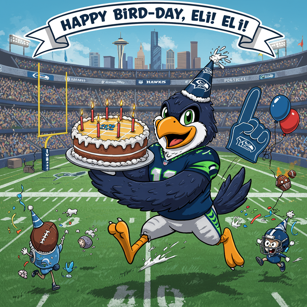 Playful cartoon style with exaggerated proportions, thick black outlines, bright saturated colors, and whimsical, energetic poses. Scene: A goofy, turbo-charged hawk in navy and neon green sprints across a sunny football field, clutching a towering birthday cake iced like a mini gridiron with candle goalposts; frosting splatters and motion lines fly. The hawk wears a tilted party hat and a plain green foam finger (no logos or numbers). Confetti bursts, football-shaped balloons bobble, and a tiny cupcake in a toy helmet chases stray sprinkles. A roaring stadium crowd fills the background, with the Seattle skyline and the Space Needle peeking above the stands. Big smiles, slapstick chaos, full-bleed portrait composition. Include only this one cheeky text line on a bold curved banner overhead in bouncy hand lettering: “Happy Bird-day, Eli! Go Hawks!”
Generated with these themes: Happy birthday Eli, Seattle Seahawks, and .
Made with ❤️ by AI.