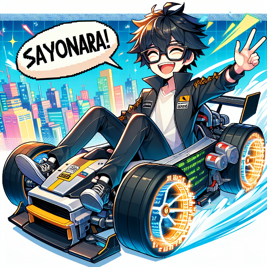 Create an entertaining farewell image where a character, a confident racer with Black descent, large glasses and anime-style spiky hair, is shown. They are seated proudly in a racing car made of computer parts, with wheels spinning digital code. The character is laughing heartily as they accelerate off, a dialogue bubble emerging with 'Sayonara!' written in pixelated lettering. The backdrop of the image signals to a brightly colored and dynamic cityscape in the style of Japanese anime. This exciting narrative symbolizes a leap toward new beginnings, incorporating a lighthearted vibe and admiration for the world of programming.
Generated with these themes: Racing, Nerd, Japanese Anime, Coding, and Black Skin.
Made with ❤️ by AI.