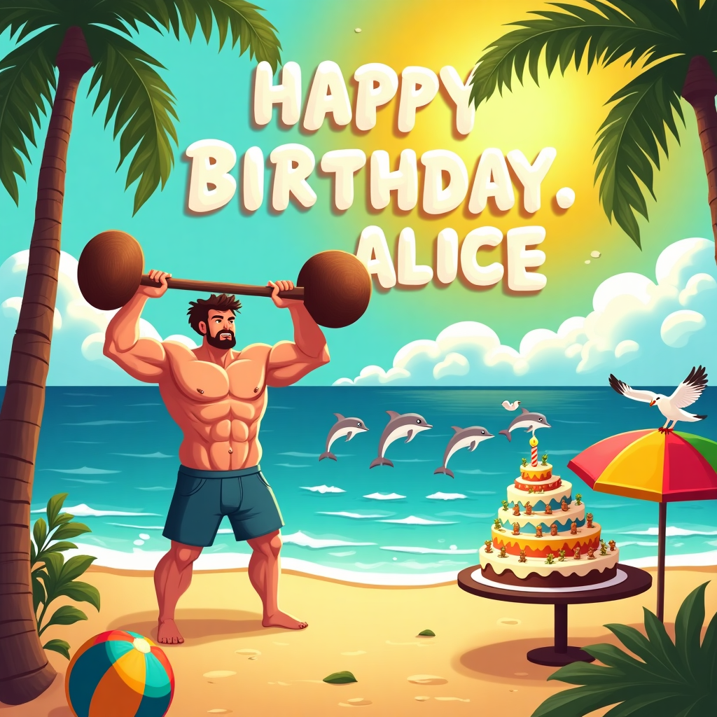In this whimsical and humorous vector scene, the setting is a vibrant and sunny tropical island. A CrossFit-inspired birthday celebration unfolds on the golden sandy beach. In the foreground, a muscular and energetic husband is depicted performing a series of CrossFit exercises, his exaggeratedly buff physique adding a touch of comedy. He is lifting a barbell made of oversized coconuts, showcasing a humorous fusion of tropical and fitness elements. Beside him, a group of animated, anthropomorphic palm trees with smiling faces cheer him on, waving their leafy arms enthusiastically. In the background, the azure ocean sparkles under the sun, with playful dolphins jumping in synchronization. A large, colorful beach ball bounces joyfully near the shore, imitating the rhythmic motion of a medicine ball used in CrossFit.

The sky is a kaleidoscope of vibrant hues, transitioning from the bright yellows and oranges of a glorious sun to the soft blues of the horizon. In this sky, fluffy clouds creatively spell out "Happy Birthday, Alice!" as if nature itself is joining the celebration. The name "Alice" is prominently featured, with each letter appearing as though it’s being painted by a seagull, adding an imaginative twist to the birthday wish. To complete the scene, a towering birthday cake sits on a nearby table under a colorful beach umbrella. The cake is shaped like a mini island, adorned with miniature CrossFit figurines and topped with a tiny palm tree as the candle. This fusion of CrossFit, island vibes, and a humorous touch makes for a uniquely memorable birthday card for Alice.
Generated with these themes: CrossFit, Sunny Island, Husband, and .
Made with ❤️ by AI.