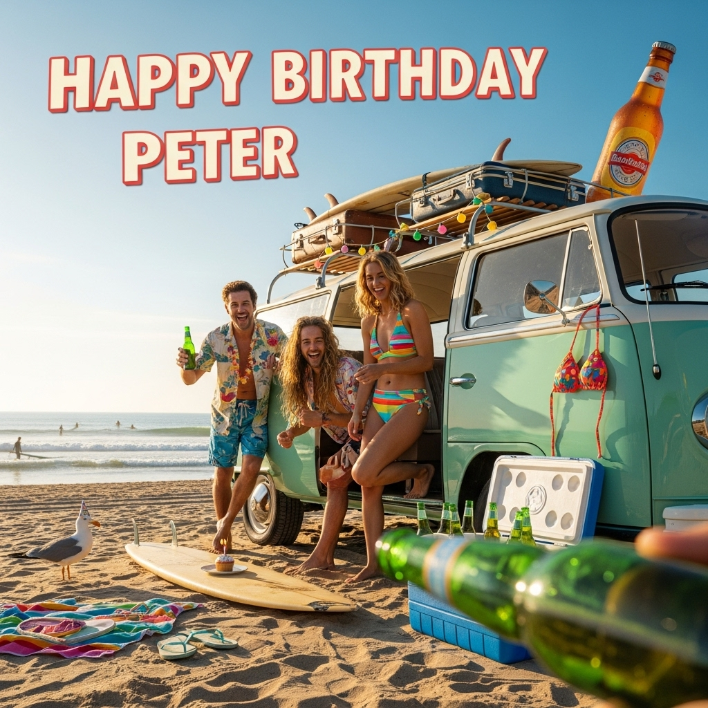 VW Bulli beach beer bikini, and Birthday Card