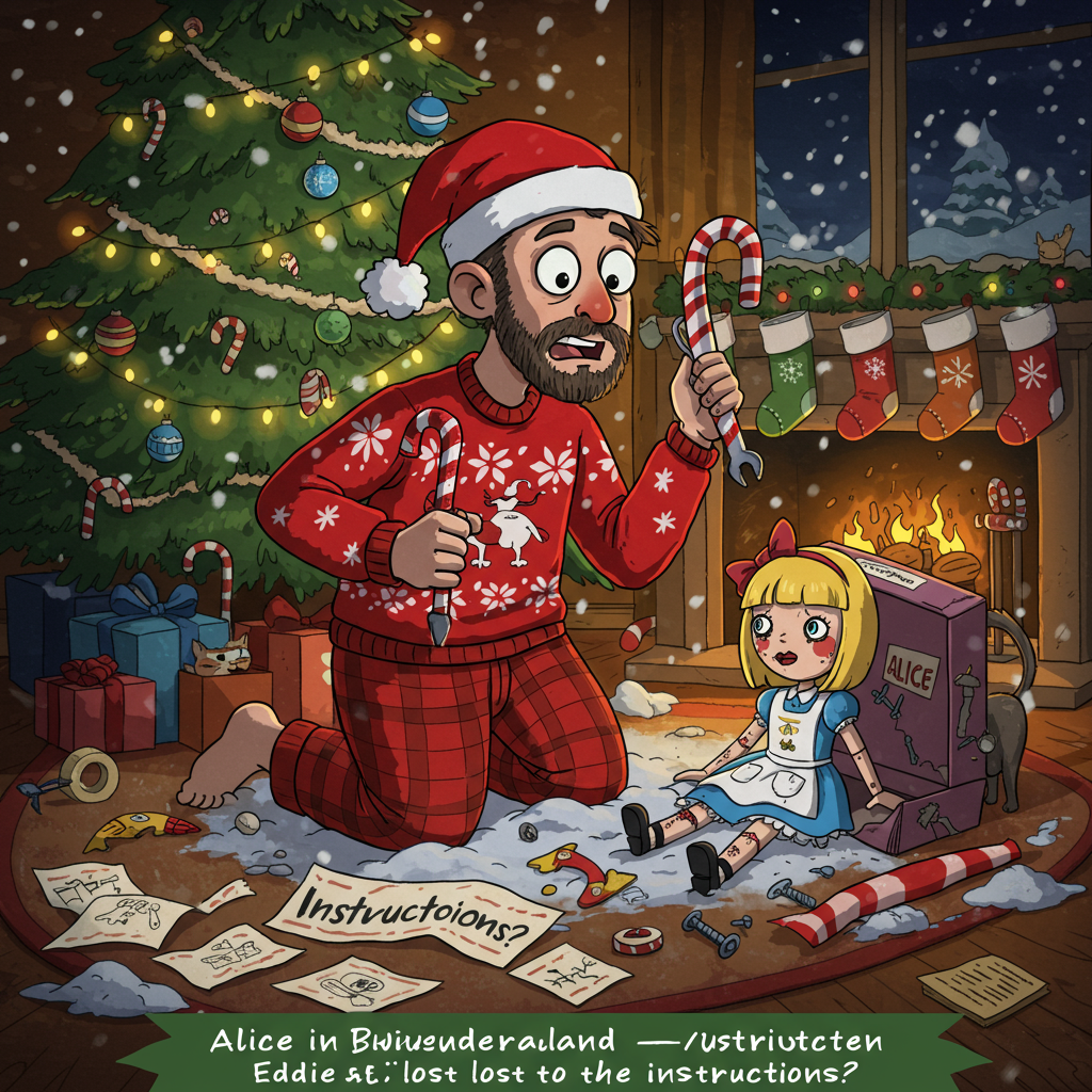 Funny, cartoon Christmas scene in a cozy living room: Eddie (wide-eyed, frazzled, adorable adult in an ugly Christmas sweater, plaid pajama pants, Santa hat askew) kneels in a snowdrift of torn wrapping paper under a twinkling tree. He clutches a candy cane like a screwdriver in one hand and a shredded instruction booklet in the other, with a big hole through the middle labeled “Instructions?” String lights above him curl into question marks. In front of him, a cute, clearly misassembled “ALICE” doll (name visible on the box) sits with her head on sideways, one leg where an arm should be, shoe on a hand, bow crooked—silly and sweet, not creepy. A mischievous cat bats at the missing instruction pages while a roll of tape is stuck to Eddie’s elbow; leftover snowflake-shaped screws sparkle on the rug. Background: glowing Christmas tree, stockings on the mantle, snow falling beyond a window; warm golden lights contrasted with cool blue moonlight, confetti-like sparkles. Style: playful cartoon, thick black outlines, exaggerated proportions, bold saturated colors, whimsical energy, squash-and-stretch poses, clean vector-style shading, high contrast and crisp edges. Composition: portrait, full-bleed, large central image, dynamic perspective from low angle.

Include one playful on-image caption on a festive ribbon at the bottom (single line):
“Alice in Blunderland—Eddie lost the instructions.”
Generated with these themes: Eddie lost the instructions for his Alice doll, and .
Made with ❤️ by AI.