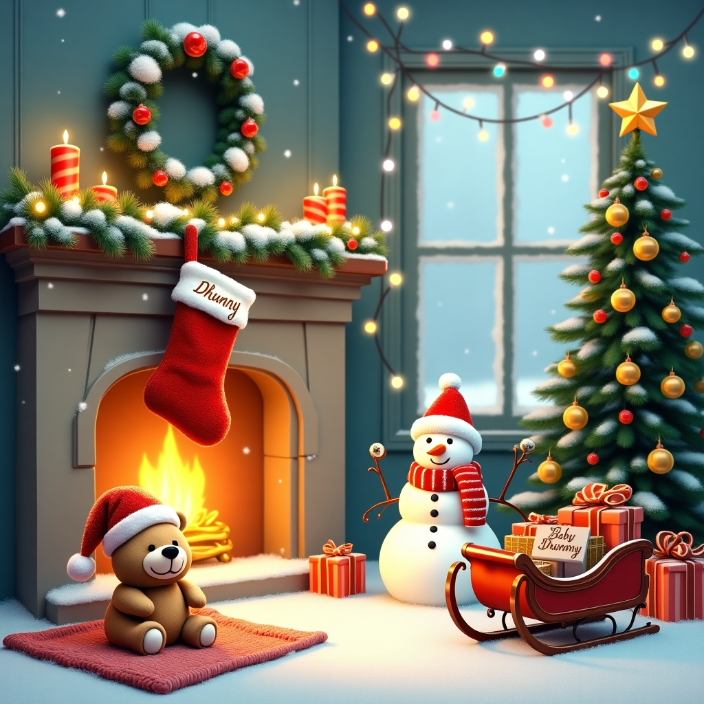 In this whimsical new-baby greeting card cover, imagine a snow-dusted Christmas wonderland inside a cozy living room, complete with a glowing fireplace framed by a garland of twinkling fairy lights. A plush, red velvet stocking hangs from the mantle, embroidered with “Baby Dhunny” in golden thread, catching the light. Below the stocking, a plump teddy bear sits on a soft, knitted blanket, wearing a tiny Santa hat that’s slightly askew. In the center of the room, a cheerful Christmas tree stands adorned with ornaments—some shaped like rattles and pacifiers alongside traditional baubles. Beneath the tree, a tiny sleigh is piled with brightly wrapped gifts, one prominently featuring a tag that reads "Welcome, Baby Dhunny" in curly, candy cane-striped lettering. Snowflakes lightly dust the outside of a frosty window, through which a jolly snowman is visible in the distance, wearing a scarf with the pattern “Dhunny” woven into it. The entire scene is bathed in the soft, warm glow of the fireplace and a string of colorful Christmas lights draped across the ceiling, making it a perfect blend of holiday cheer and newborn celebration.
Generated with these themes: Christmas .
Made with ❤️ by AI.