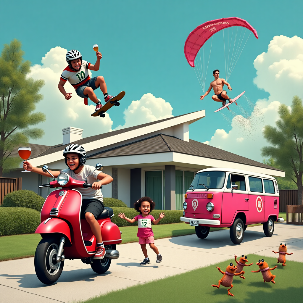 **Image Prompt (Realistic Photograph Style, Funny Mood):**

At the top of the realistic photograph image: *“The Patons — Riding Tadpoles, Vespas & Victory Waves into Their Newest Win!”*

A chaotic and comically triumphant scene bursting with motion and detail:

In the foreground, a sleek racing bike and a shiny red Vespa are leaned dramatically against a newly-built modern house. One of the Paton twins is in mid-air doing an exaggerated skateboard trick off the curb, while the other twin is riding shotgun on a pink Vespa holding a sloshing glass of celebratory wine. Nearby, a little girl (maybe their sister?) is wrangling a basket of confused but determined tadpoles wearing miniature sunglasses and numbered race bibs, as though training them for a race.

Behind the house, an incredibly good-looking gardener (in a ridiculously tight shirt and flexing abs for no reason) is trimming flowers that suspiciously resemble fireworks in full bloom. A hot-pink minibus explodes into the scene from stage left with a “CONGRATS!” banner trailing behind it and champagne spraying out of its exhaust like a parade float.

In the background sky, one of the twins is now kite-surfing above the roof of the house with the kite saying “We Did It!” while a wine glass dangles impossibly from their foot.

Overall tone: playful, joyful, and full of visual puns — like a wild party of achievements crashed into suburbia.
Generated with these themes: Kite surfing, Racing bike, Tadpoles, Skateboard, New house, Hot gardener, Minibus, Vespa, Boys twins, Little girl, Wine, and Flowers.
Made with ❤️ by AI.
