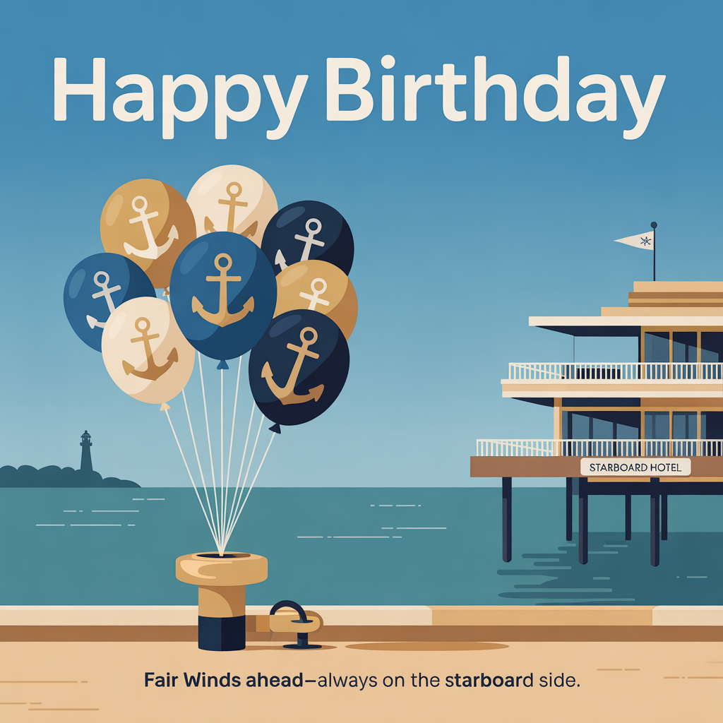 At the top of the Vector Style image, "Happy Birthday"

At the bottom of the image, "Fair winds ahead—always on the starboard side."

- Scene: Clean flat-vector seaside setting with a contemporary hotel on a pier labeled subtly as “Starboard Hotel” (modern sans-serif signage), positioned on the right side of the composition to nod to starboard.
- Centerpiece: A bouquet/arch of ship anchor-shaped balloons in deep navy and flat metallic gold, tied to a polished dock cleat and a balcony rail; a few balloons drift upward to gently frame the headline.
- Background: Calm teal sea with simple horizontal wave lines; clear sky in solid light blue; distant minimalist lighthouse silhouette. Add a small pennant flag on the hotel roof pointing to the right.
- Style: Crisp lines, solid color blocks, minimal or no gradients, generous negative space, modern graphic precision.
- Palette: Navy, sea teal, sky blue, warm sand, white, and flat gold accents.
- Typography: “Happy Birthday” in a friendly, bold sans-serif with generous tracking in navy; bottom line smaller, in a warm gold, centered, sincere and elegant.
Generated with these themes: Ship anchor shaped balloons , Starboard hotels, and .
Made with ❤️ by AI.