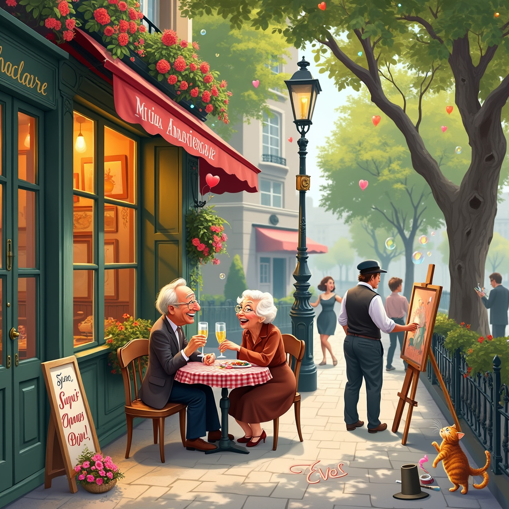 On the front cover of this anniversary greeting card, imagine a vibrant Parisian street corner, where a quaint outdoor café sits under the dappled shade of large sycamore trees. This is where our delightful scene unfolds. To the right of the card, there is an elderly couple, Monsieur and Madame Pamplemousse, who have clearly spent a lifetime together. They are seated at a small, round bistro table covered with a classic red-and-white checkered tablecloth. Their faces light up with laughter as they toast with glasses of sparkling champagne. 

Directly behind them, an artist stands in front of an easel, capturing the essence of their love in a painting. His palette is a riot of colors, and his brush moves with enthusiasm, bringing to life the scene on the canvas. The painting itself is a replica of the scene but with whimsical exaggerations; the trees are taller, the colors are more vibrant, and the couple looks even more joyous. 

On the left side of the card, a mischievous cat with a beret and a paintbrush in its mouth is attempting to add its own touch to the masterpiece, painting hearts and swirls on a nearby café wall. 

The café itself is adorned with hanging flower baskets overflowing with bright red geraniums and tiny fairy lights that twinkle even in the daylight. The scene is punctuated by a vintage lamppost festooned with balloons and a wooden sign that reads "Joyeux Anniversaire!" in elegant calligraphy.

In the background, you can spot a street performer playing an accordion, his hat placed upside down on the cobblestones for tips. Nearby, a young couple is dancing, lost in the music, and children chase bubbles blown by a street vendor. This bustling, picturesque scene, filled with life, color, and love, perfectly encapsulates the essence of an anniversary celebration in the most romantic city in the world.
Generated with these themes: peinture.
Made with ❤️ by AI.