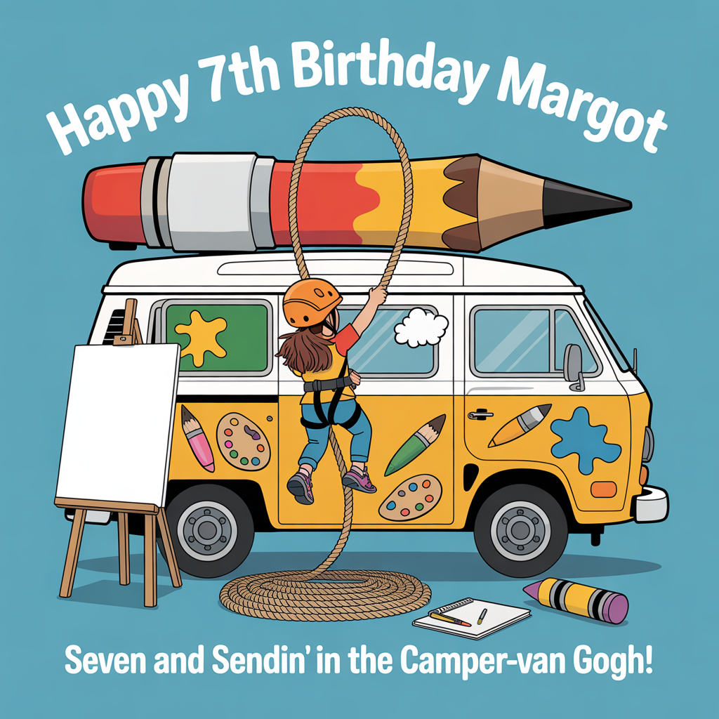 At the top of the Vector Style image, "Happy 7th Birthday Margot"

At the bottom of the image, "Seven and sendin' in the Camper-Van Gogh!"

- Center scene: A retro campervan, shown 3/4 side-on, transformed into a playful climbing wall and mobile art studio. The van’s side is covered in bold flat paint-splash graphics, with colorful climbing holds shaped like paint blobs, palettes, pencils, and paint tubes. A kid-sized climber in a bright helmet and harness is mid-climb, one hand puffing a little white “chalk cloud,” a paint-pot-shaped chalk bag at their waist. A thick rope arcs from a giant paintbrush strapped to the roof acting as the anchor down to the climber.
- Beside the van: A tall artist’s easel with a clean white canvas leans slightly, overlapping the rope for a fun art-meets-climb moment. On the ground: a neat coil of rope, chunky carabiners, a sketchbook and chunky crayons arranged as simple flat icons.
- Background: Minimal geometric mountains and rolling hills, a clear sky with two simple flat clouds and a warm sun. A string of triangular bunting made of color swatches drapes from the van to the easel. Confetti-like paint flecks and tiny chalk puffs add celebratory energy.
- Style: Clean flat-vector art with crisp 2–3 px outlines, solid color blocks, minimal or no gradients, modern graphic precision, generous negative space. Cheerful palette: teal, sunshine yellow, coral red, royal blue, mint green, and cream.
- Text styling: Headline and punchline in big, playful bold sans-serif; deep navy or black for legibility with a thin light outline only (no gradients). Keep text centered, dominant, and well-spaced from the scene.
Generated with these themes: Campervan, art, climbing, and .
Made with ❤️ by AI.